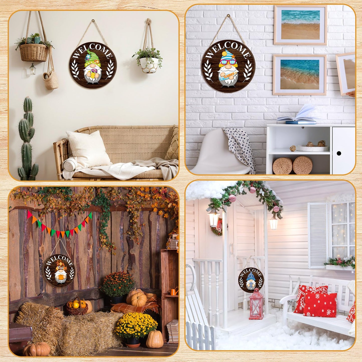 Qunclay Interchangeable Wooden Gnome Decor Holiday Seasonal Gnome Decorations with Magnet Pieces and Detachable Hats Changeable Welcome Sign for Home (Elegant Style)