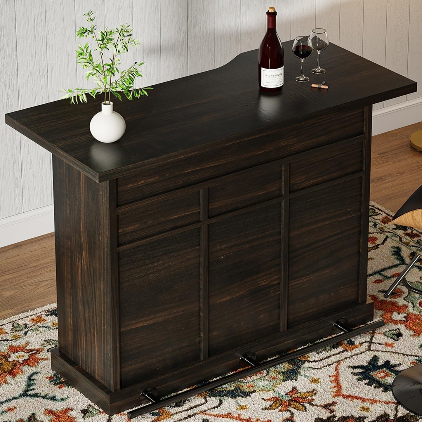52 Inch Large Home Bar Unit, 4-Tier Storage Bar Table with Footrest & 3 Drawers, Farmhouse Wine Bar Cabinet with 9 Wine Rack & 2 Barn Doors for Living Room, Dining Room, Dark Oak