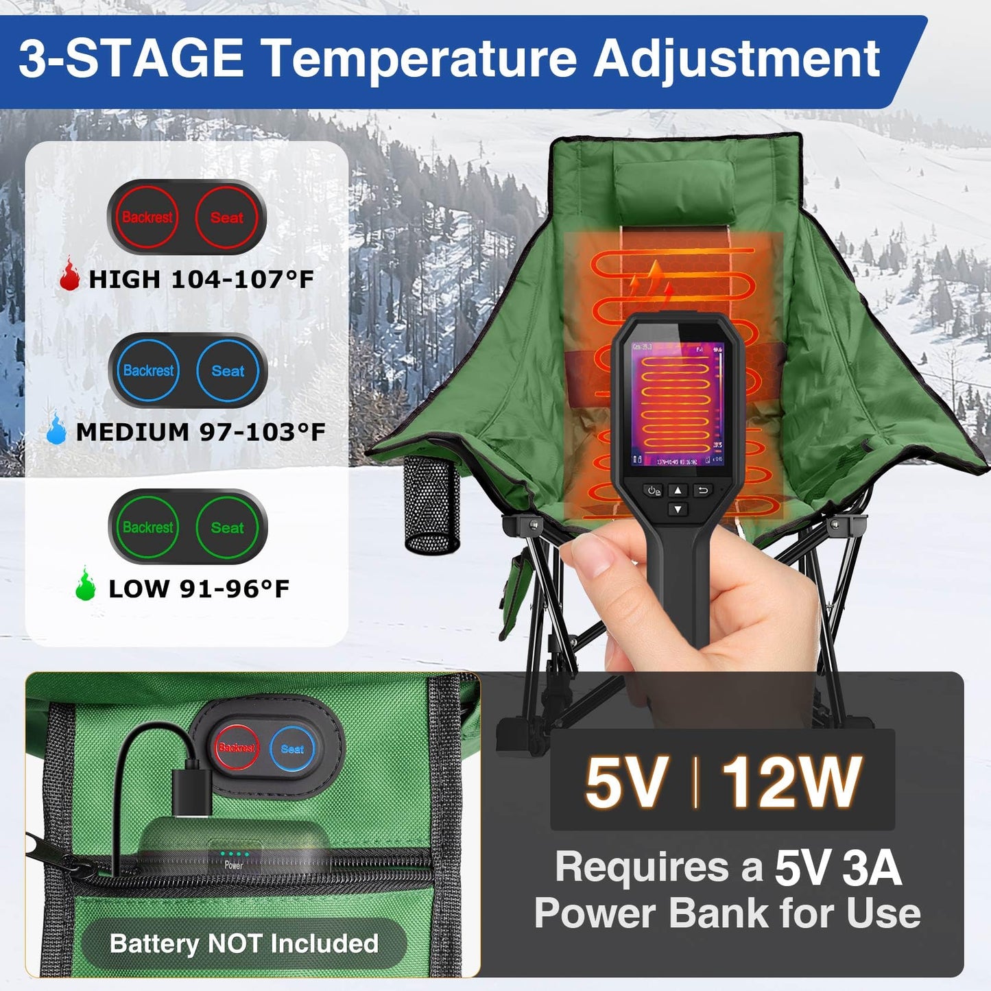 Slendor Oversized Rocking Camping Chair, Heated Camping Chair with 3 Heat Levels, Portable Outdoor Rocker Chair, High Back, Pillow, Carry Bag, Padded, Supports 330 lbs, Green