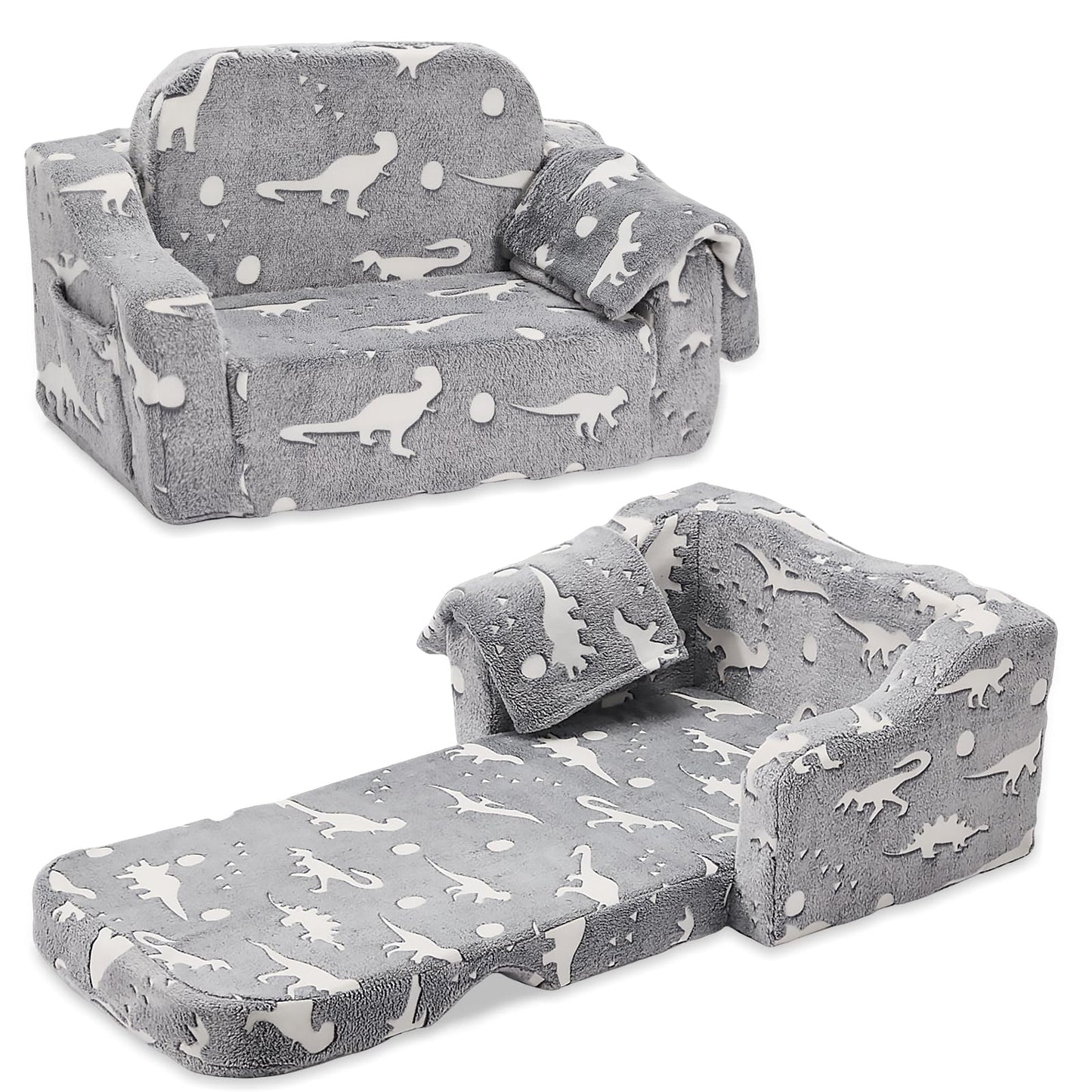 BUPPLEE Kids Sofa, 2-in-1 Soft Toddler Couch Fold Out, Toddler Chair Comfy with Cute Designs, Convertible Sofa to Lounger for Girls and Boys, Gray