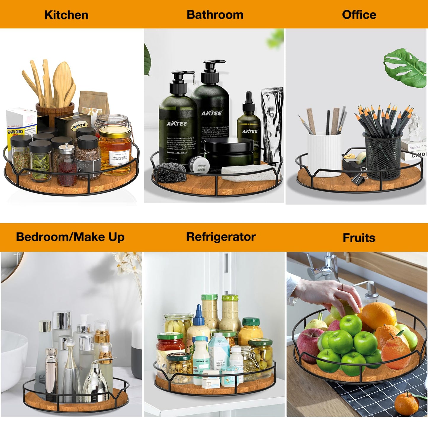 Lazy Susan Turntable Organizer for Cabinet Pantry Kitchen Countertop Refrigerator Cupboard, Pine Wood, 9", Carbonized Black