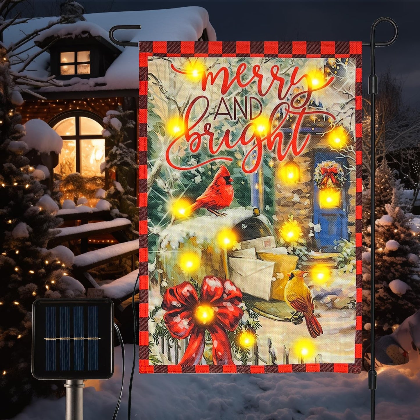 Vigor Home Merry and Bright Solar Led Lighted Garden Flag, Outdoor Lighted Decoration Xmas Greeting Mailbox Cardinal Cozy Home Yard Banner for Winter Holiday Outside Decor 12 x 18 Inch