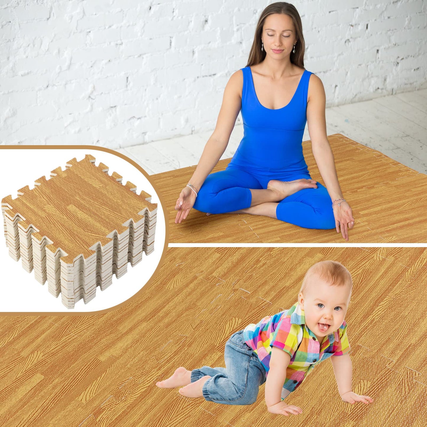 Wood Grain Floor Foam Mats with Border, Wood Printed Interlocking Foam Tiles Anti Fatigue Flooring Mat (Light Brown,12 x 12 Inch)