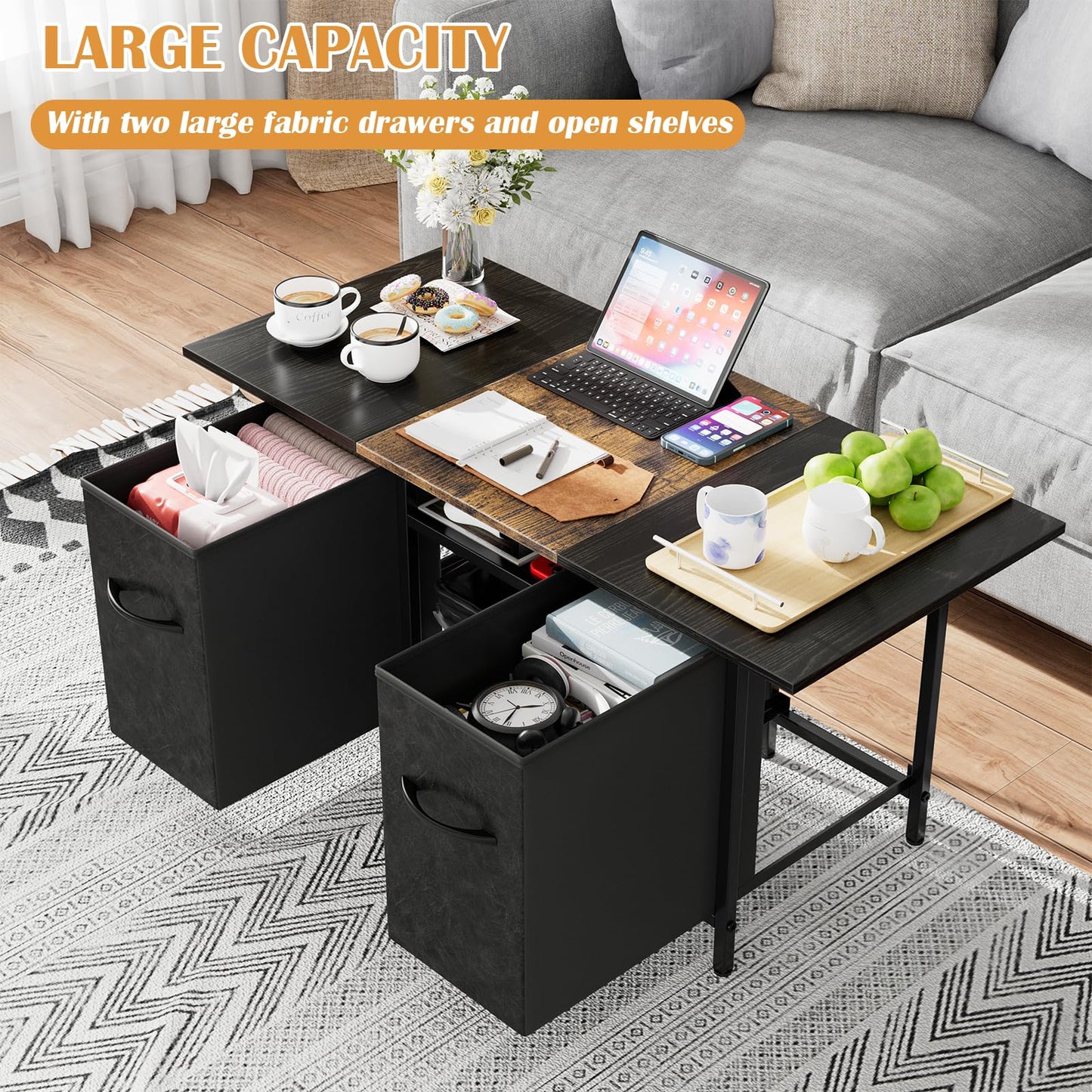 Small Coffee Tables for Living Room 35'' Rectangle Coffee Table with 2 Fabric Storage Drawers and Metal Shelf, Wood Center Table for Small Spaces, Home Office, Black & Rustic Brown