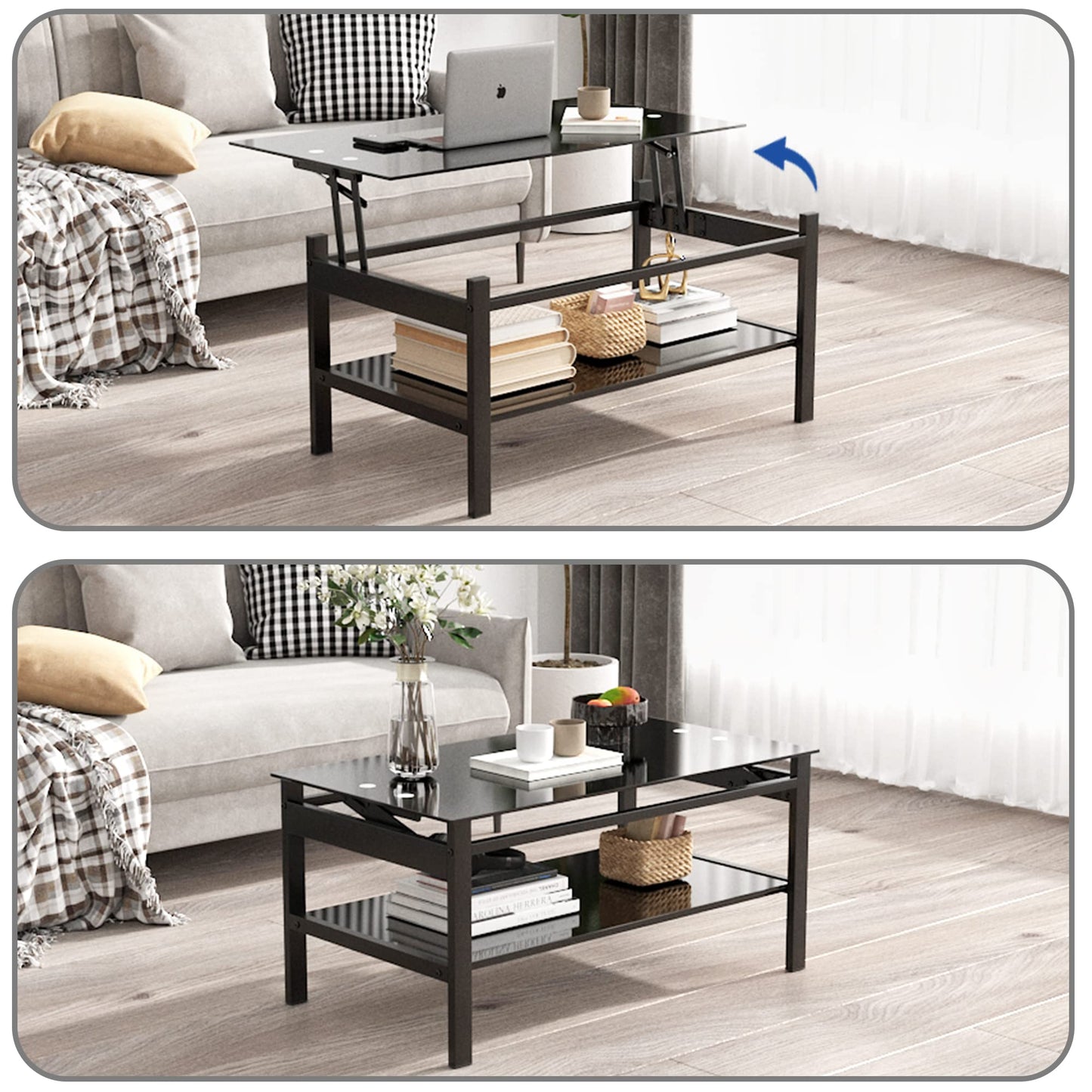 Meihua Lift Top Glass Coffee Table with Storage Compartment and Separated Open Shelves, Lift Tabletop for Living Room Home, Office, Black
