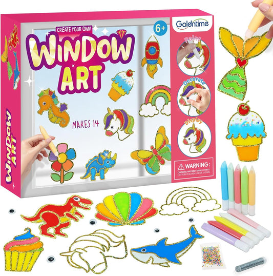 goldentime Create Your Own Fun Window Art Kit for Kids Ages 6+ Including 14 DIY Suncatchers with 10 Window Paints, Glitter & Googly Eyes –Perfect Kids Window Painting Craft Kit for DIY Window Art
