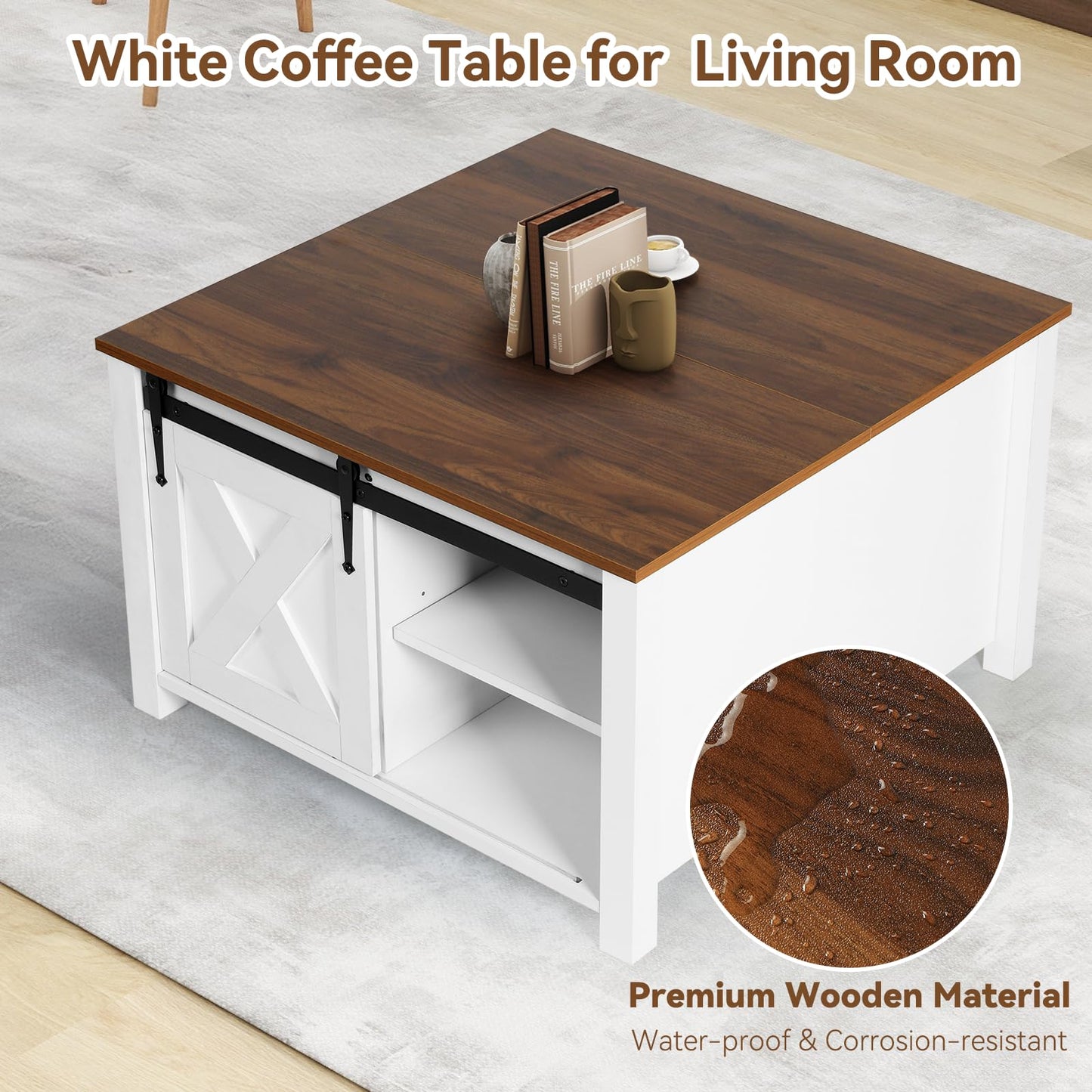 EDWINENE 31.5" Square Coffee Table, White Lift Top Coffee Table for Living Room, Morden Farmhouse Coffee Tables with Hidden Storage for Small Living Room, Bedroom