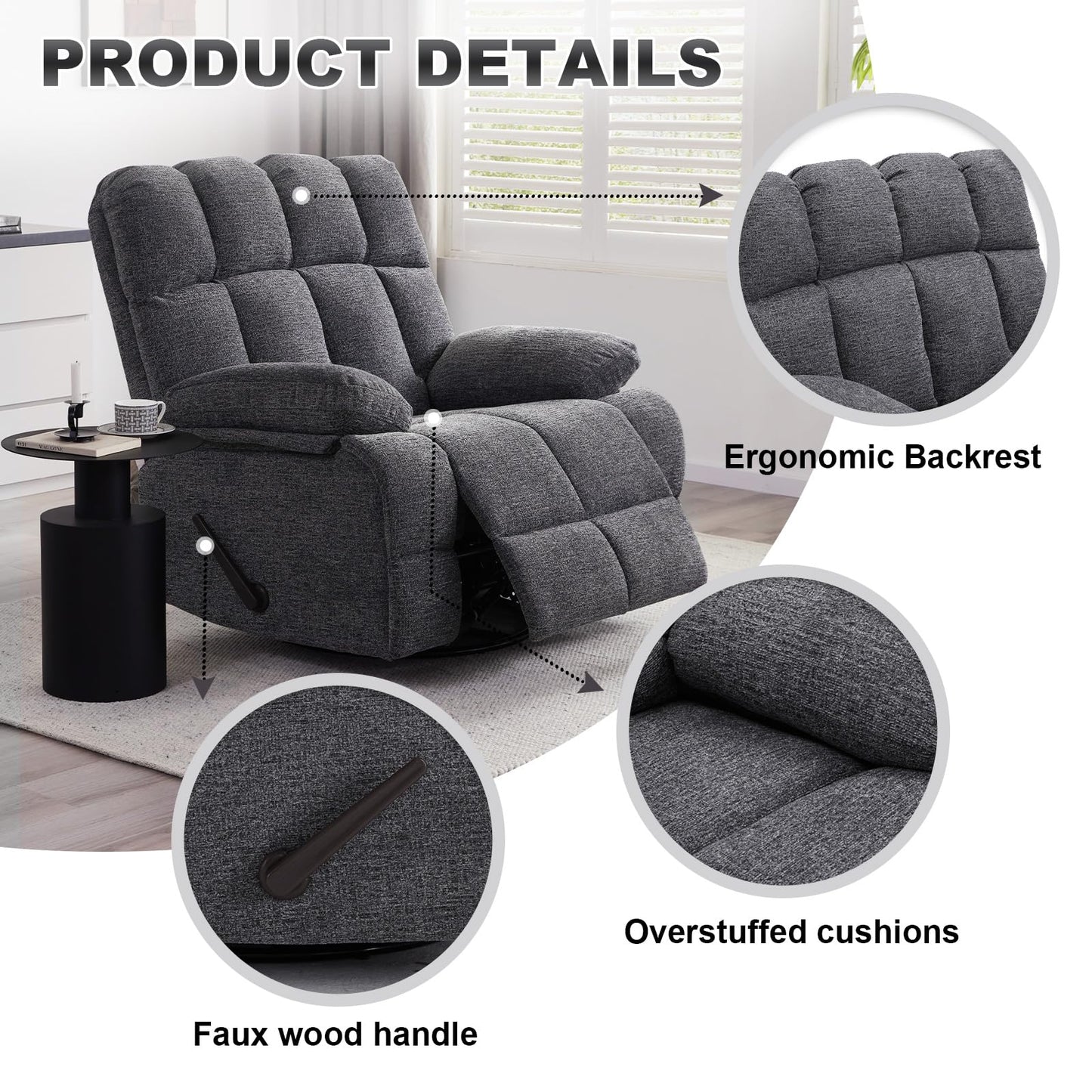 Eiayeebil Oversized Swivel Rocker Recliner Chair for Adult, Rock Recliner for 350lb Big Man, Extra Wide Manual Recliners, Overstuffed Soft Rocking Sofa Chair,Light Grey
