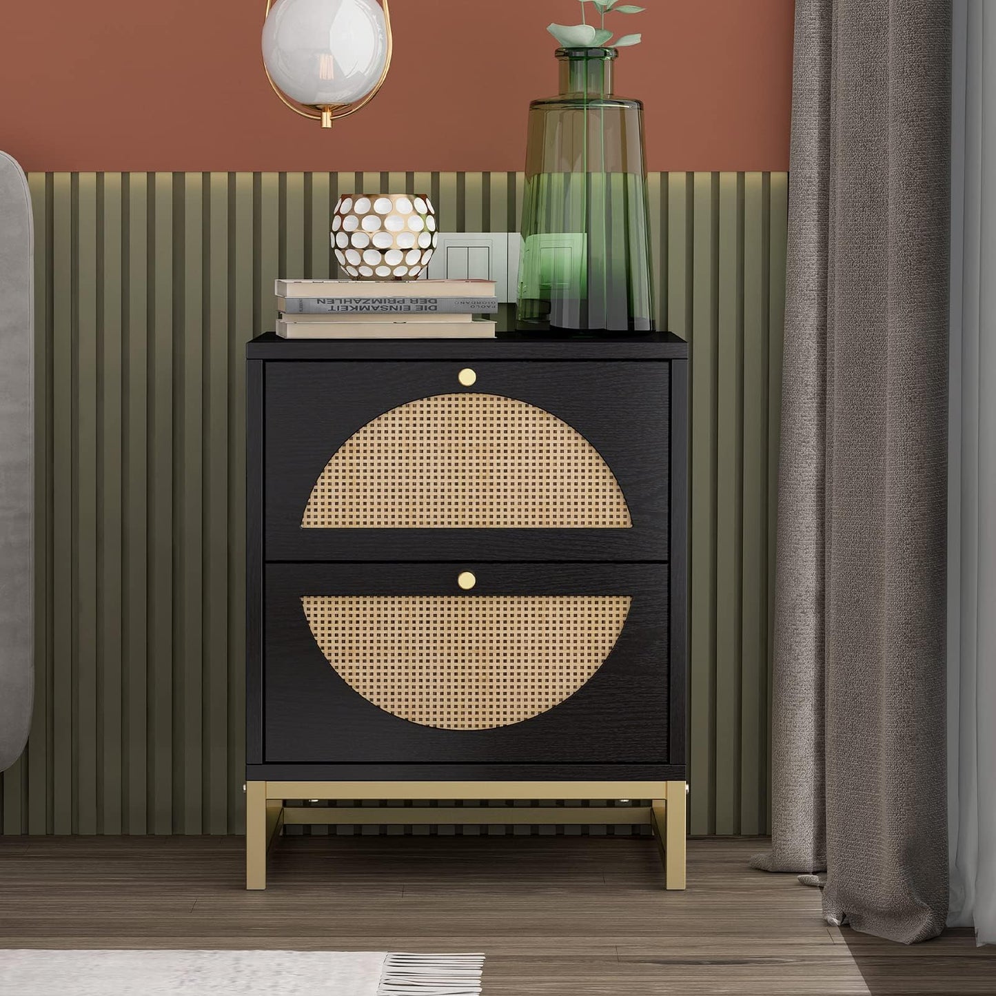 vistavie Rattan Nightstand with 2 Drawers, Wooden End Table Rattan Weaving Bedside Table Accent,Rustic Side Table Night Stand with Storage,for Living Room Bedroom (Black, Set of 1)