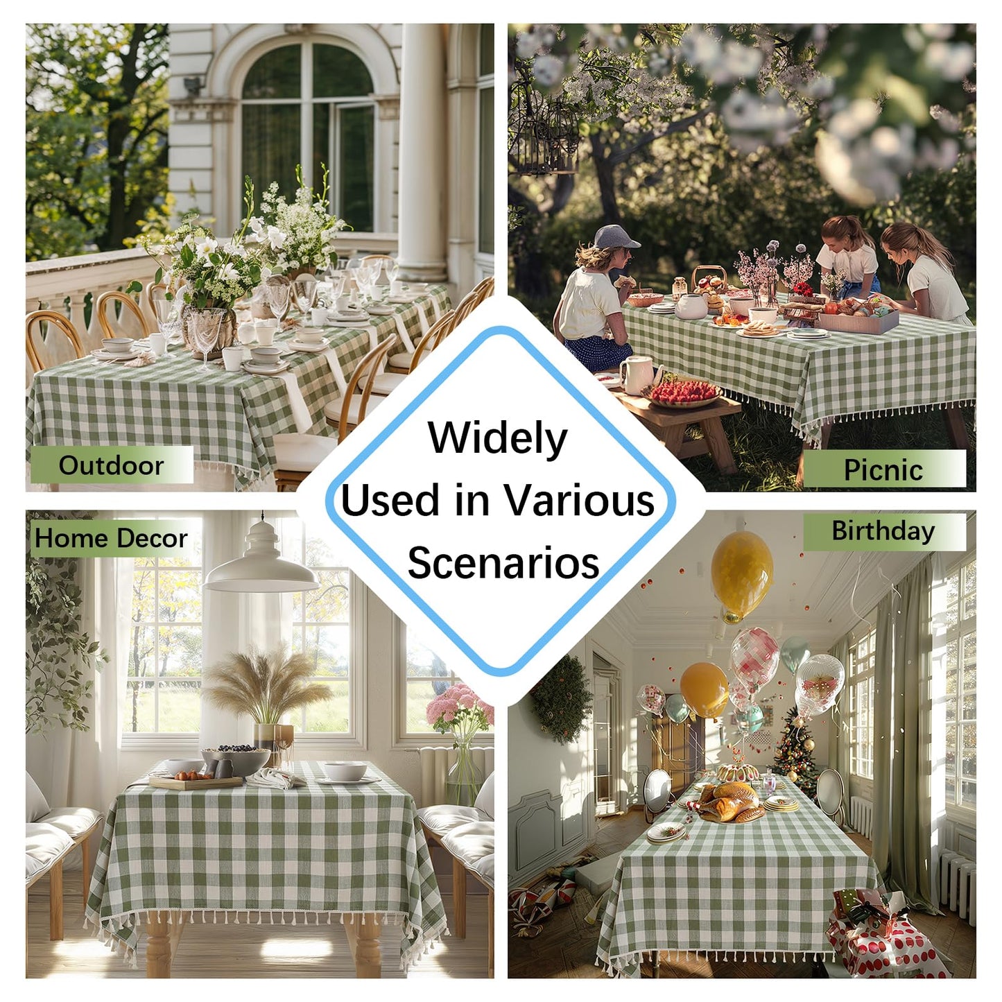 Alsoo Checkered Rectangle Tablecloth Cotton Linen Fabric Gingham Table Cloth Buffalo Plaid Table Cover with Tassel Wrinkle Free Washable for Kitchen Dining Picnic, Green and White, 55X75''