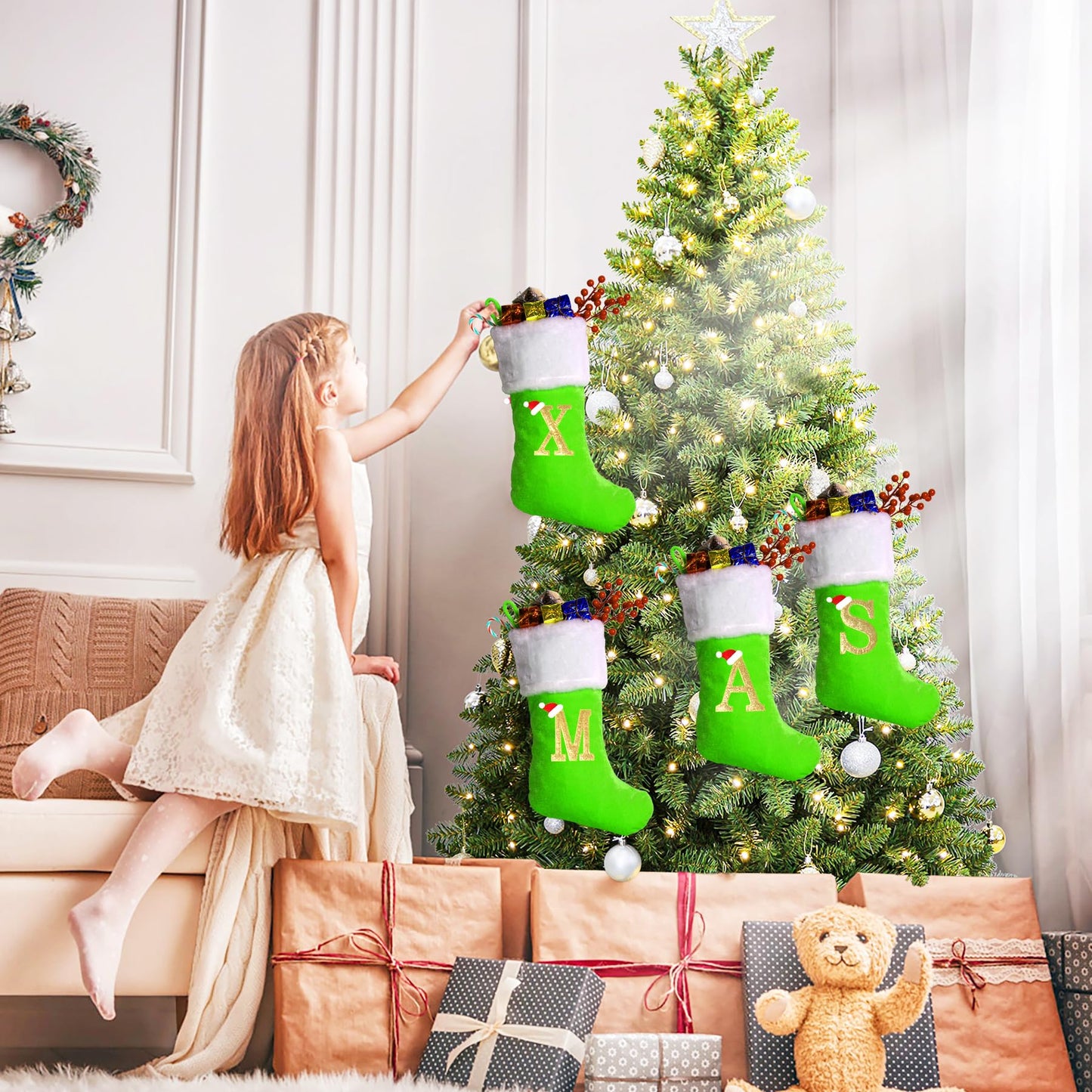 20 Inches Monogram Christmas Stockings with Letters, Large Super Soft Christmas Stockings Green Velvet with White Super Soft Plush Cuff for Christmas Xmas Tree Holiday Fireplace Green