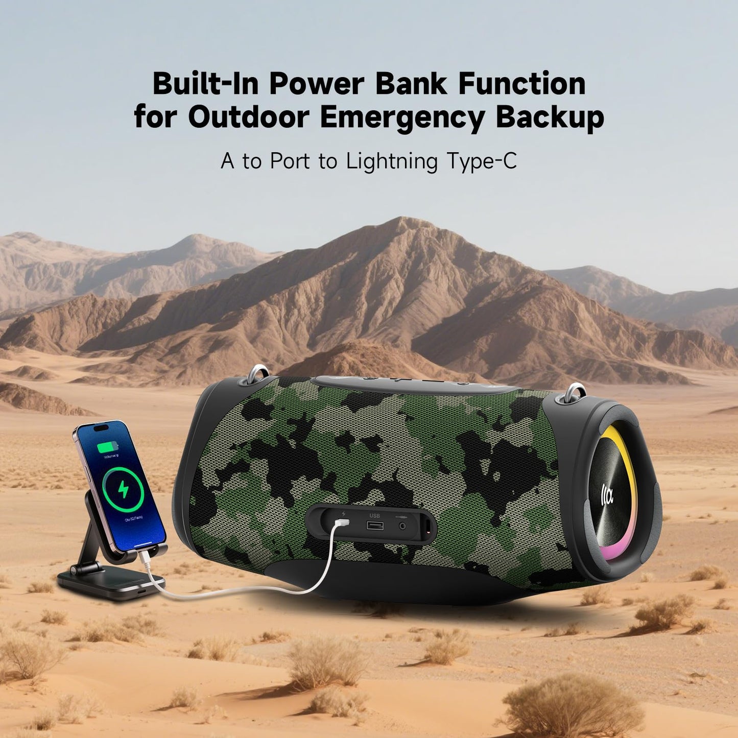 TAZATA Portable Bluetooth Speaker 80W RMS,120W Peak Loud Subwoofer Wireless Stereo with HD Sound,8H Playtime IPX7 Waterproof for Party cmaping Beach (CAMO-80W RMS/120W Peak)