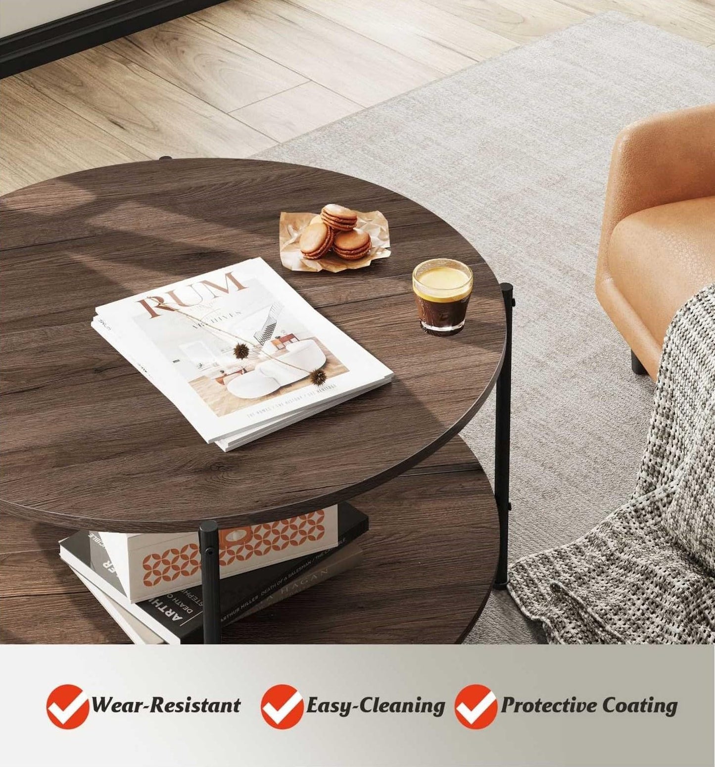 WLIVE Round Coffee Table for Living Room, 32.6" Small Coffee Table with Open Storage Shelf, 2-Tier Industrial Circle Wood Center Table for Bedroom, Home Office, Brown Walnut