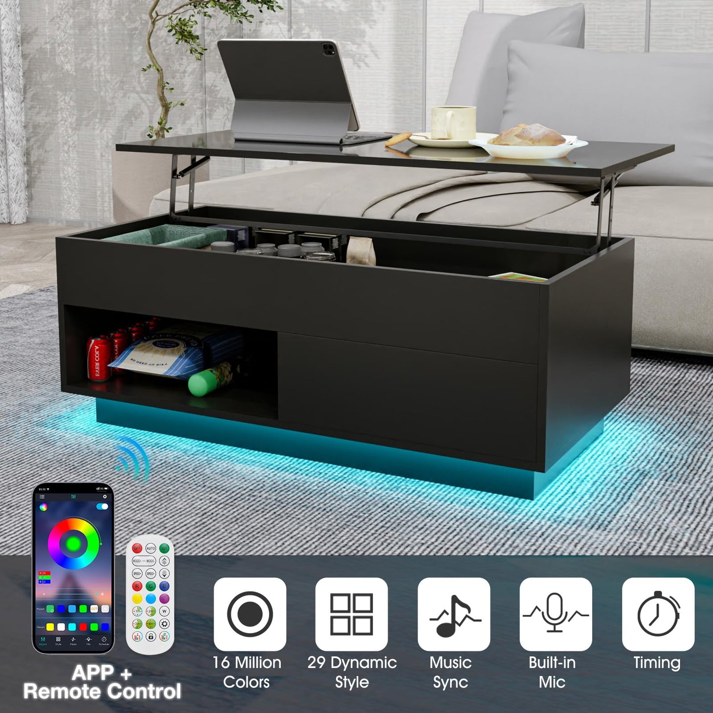 LED Coffee Table Black Lift Top Coffee Table with Storage Modern Tea Table with Drawer Lift Up Dining Center Table with LED Light for Living Room Home Office
