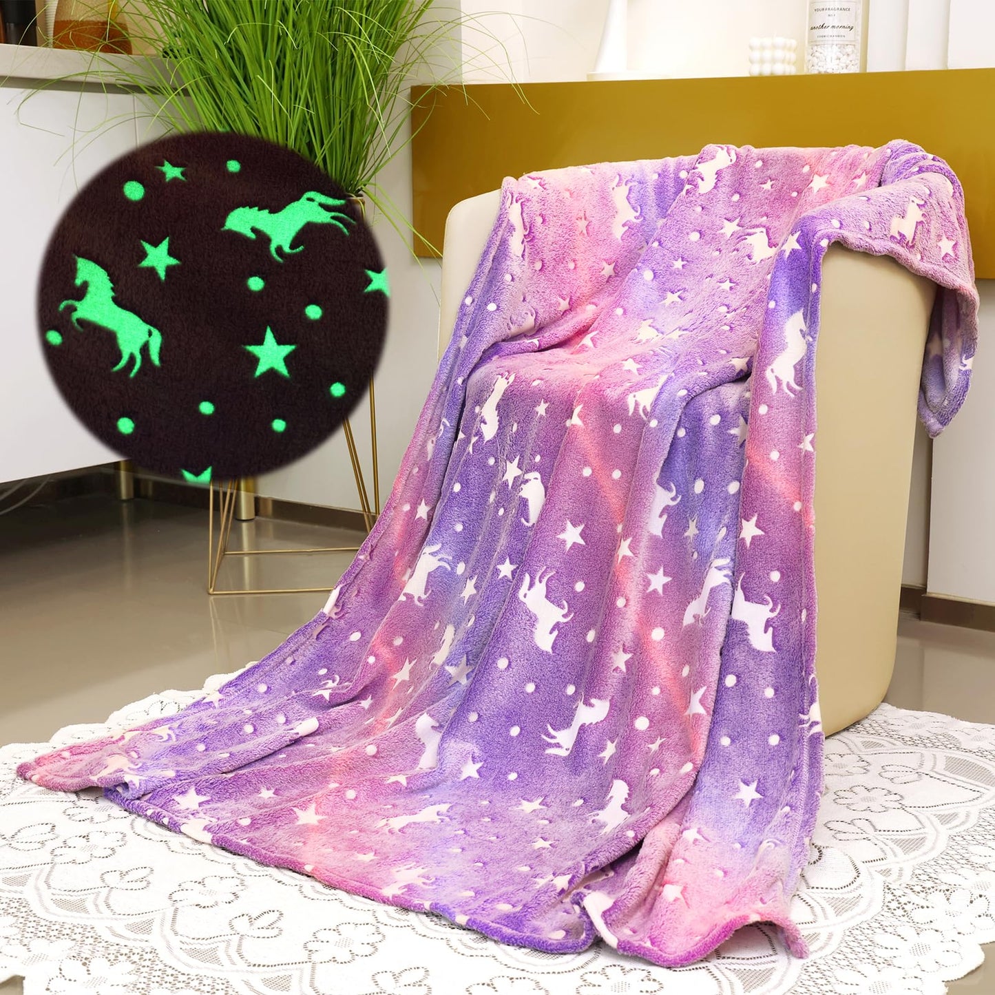 Unicorn Blanket for Girls, Glow in The Dark Blankets for Kids, 50" x 60" Rainbow Throw Blanket Soft Fleece Luminous Toddler Blanket Birthday Gifts for Age 2 3 4 5 6 7 8 9 10 11 12 Year Old, Purple