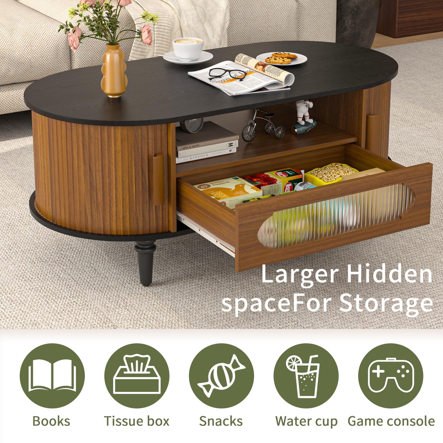 Fluted Round Coffee Table with Storage, Modern Oval Coffee Table with Drawer, Sliding Door, Low Small Center Tables for Living Room, Wooden Boho, Mid Century, Unique, Black and Walnut