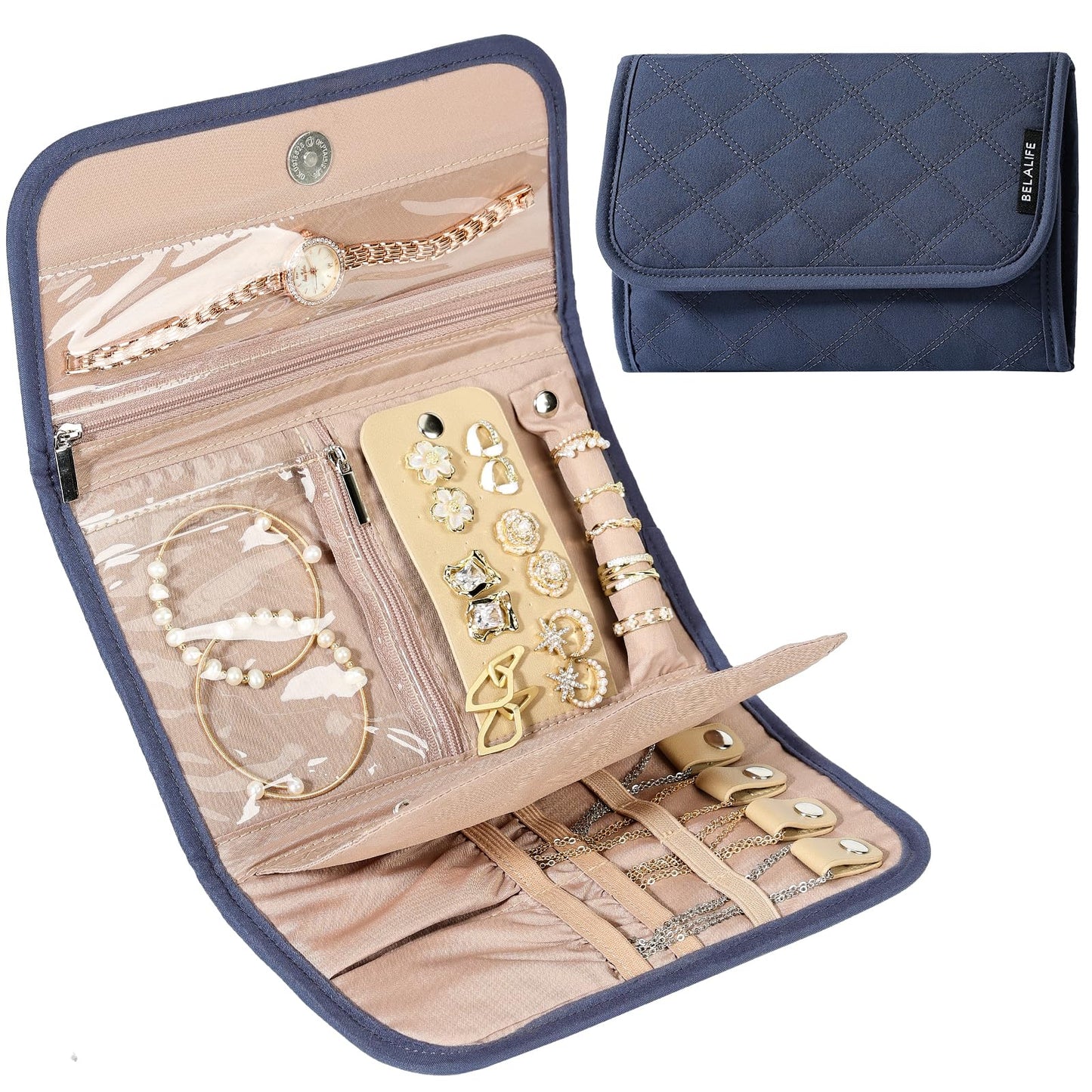 BELALIFE Travel Jewelry Case Organizer, Foldable Storage Roll for Earrings, Necklaces, Rings, Bracelets, Brooches, Pink