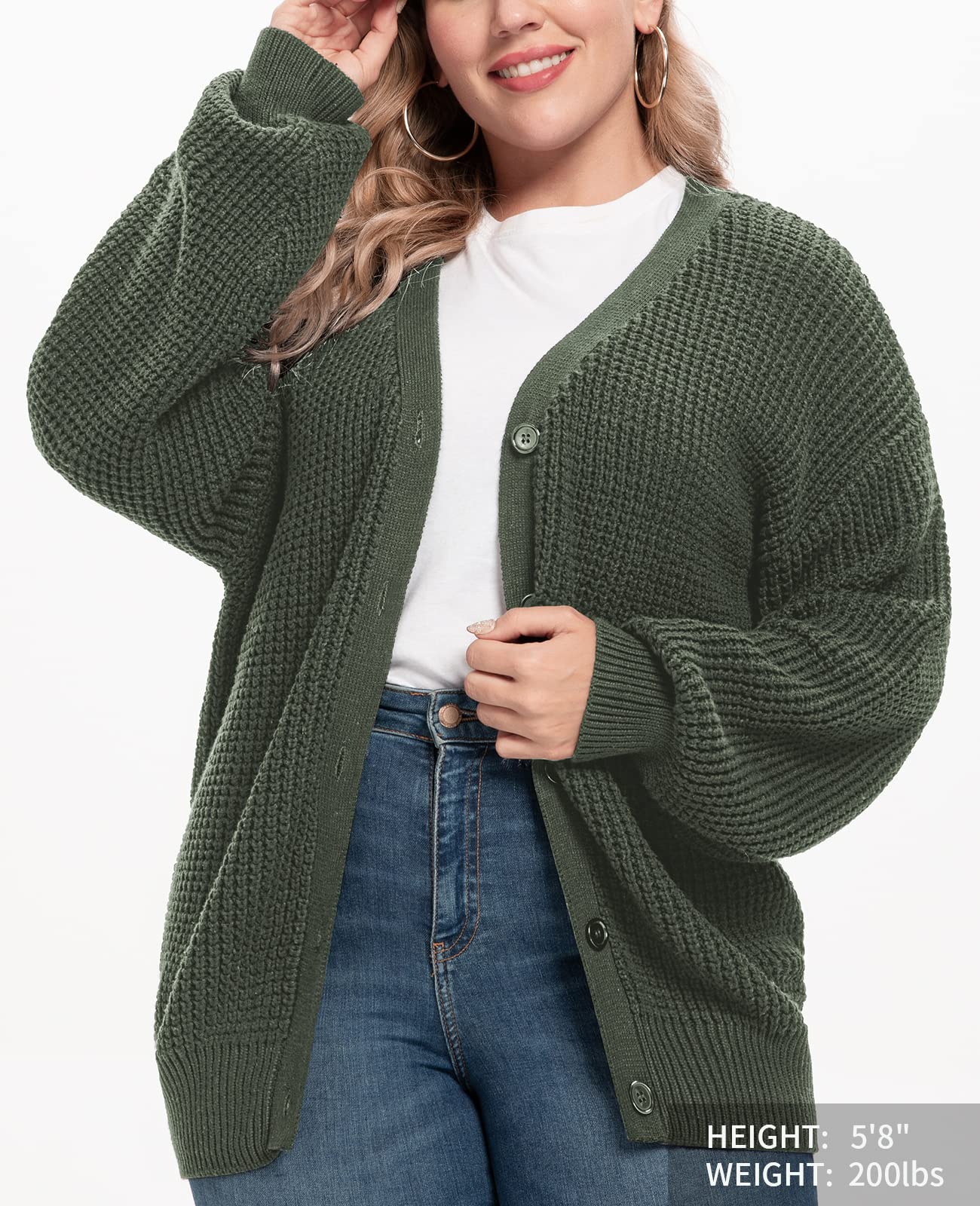 QUALFORT Cardigan Sweaters for Women 100% Cotton Button-Down Long Sleeve Oversized Knit Coatigan Jackets Green Large