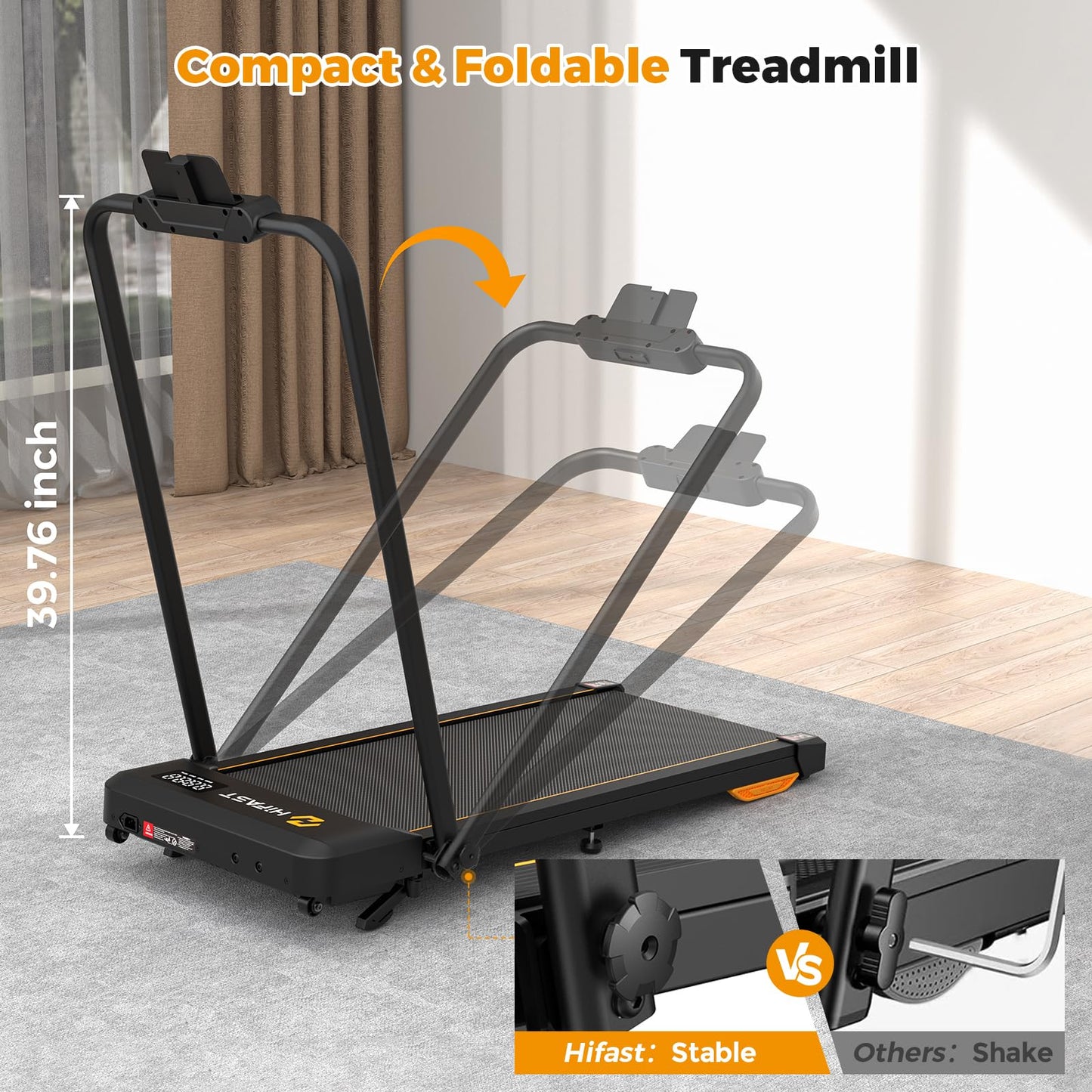 HiFast Walking Pad, Under Desk Treadmill for Home Office, Small Walking Pad with Handle Bar and Incline, Foldable Treadmill with Remote Control, APP