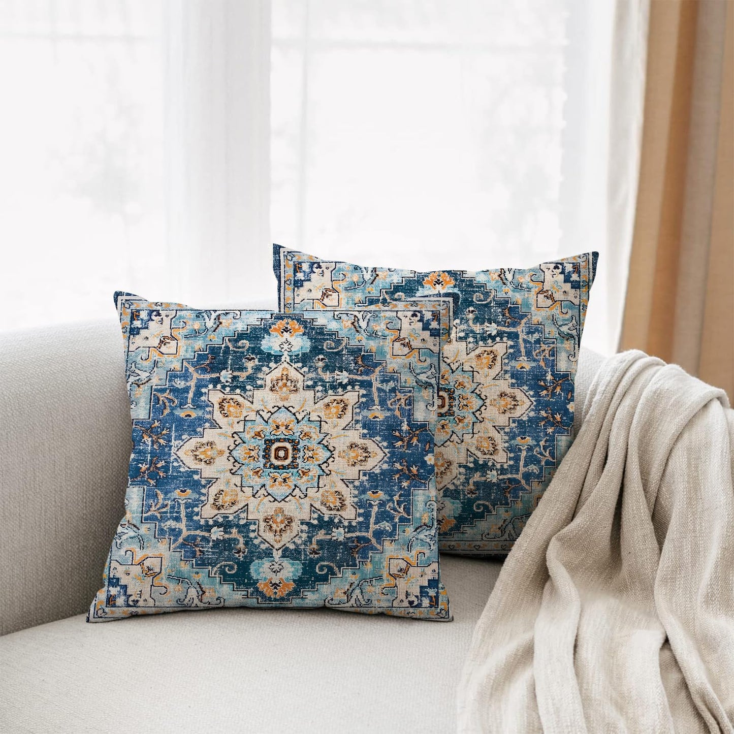 infenhiy Throw Pillow Covers Pack of 2 Double-Sided Printing Home Indoor and Outdoor Sofa Bed Decor 18 x 18 Inch pillowcover (Blue Light Blue Bohemian Pattern, 18x18Inch)