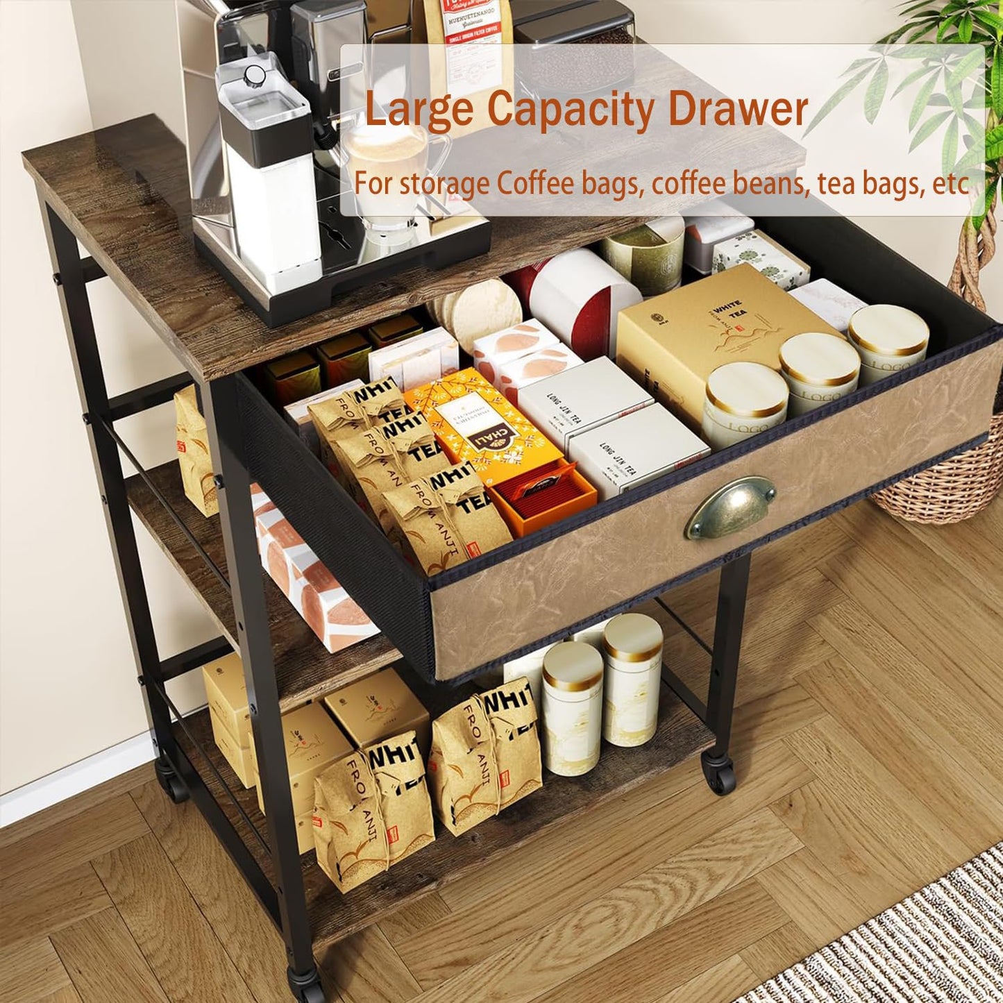 X-cosrack Coffee Bar Cart with Storage, 3-Tier Coffee Table with Drawer for Home Buffets & Sideboards,Coffee Station Corner Table with Rolling Wheels for Kichen, Entryway, Living Room-Patent