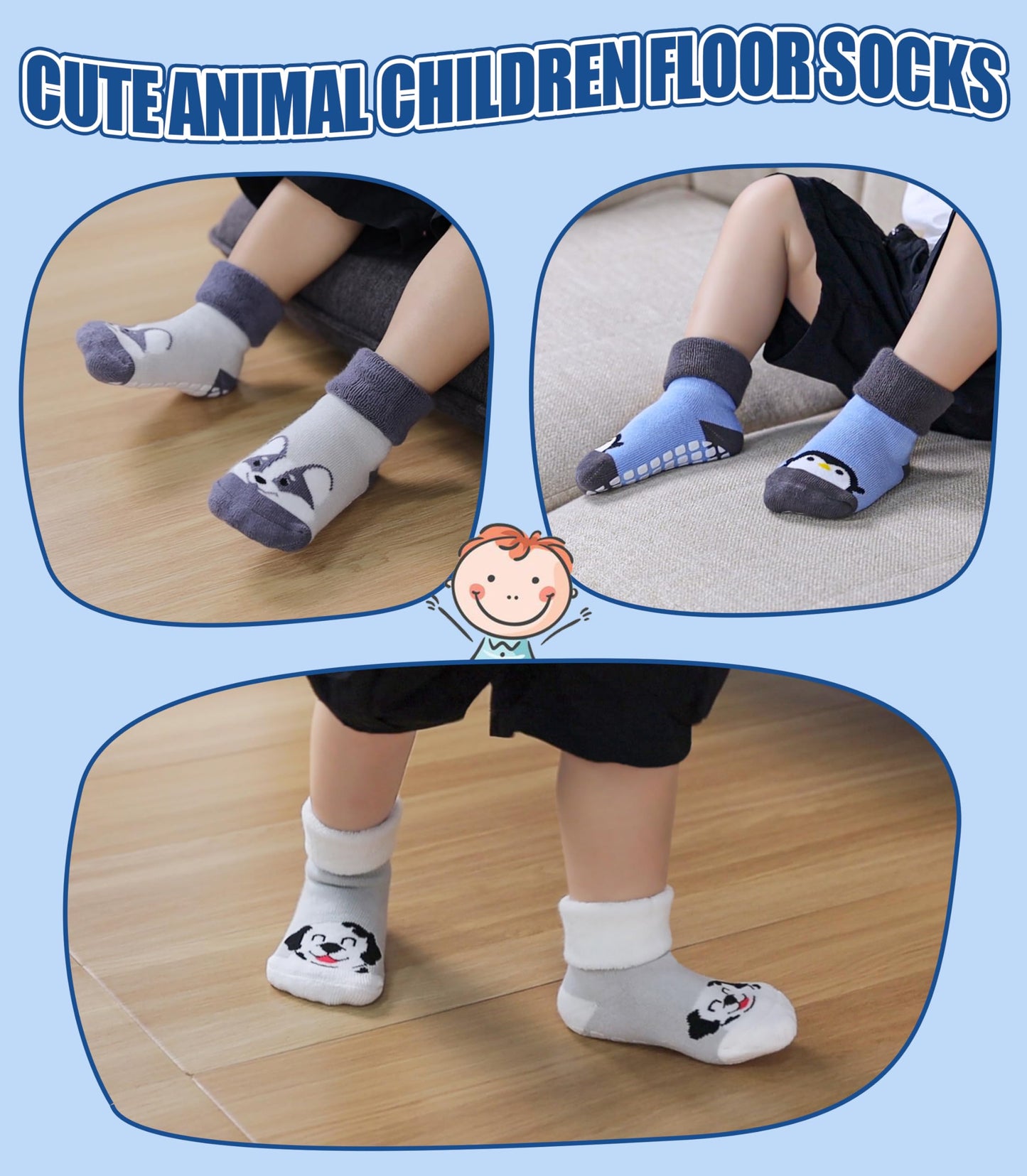 NOCIN COLOR Baby Grips Toddler Thick Cotton Thermal Socks - Non Slip Warm Cute Animal Kits (6 Pairs, 1-3 Years)