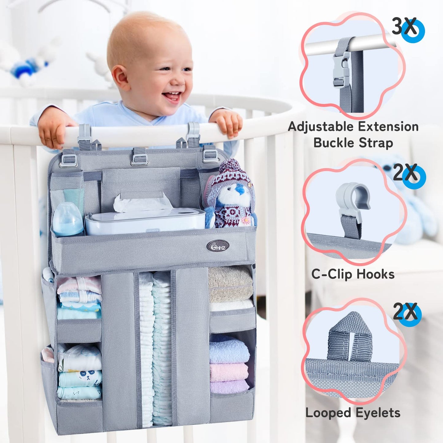 HHZ XL Hanging Diaper Caddy Organizer –Sturdy and Durable Baby Organizer – Diaper Stacker for Changing Table, Crib, Playard or Wall & Nursery Organization – Newborn Baby Essentials