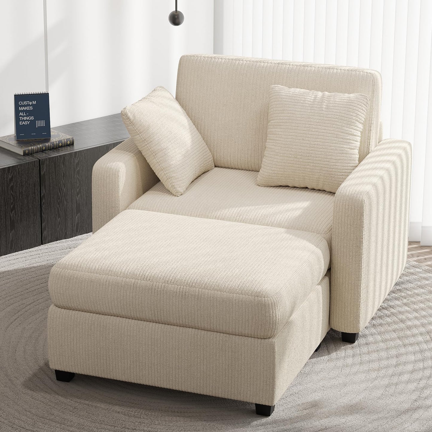 Apicizon Chaise Lounge Chair Indoor, 42" Oversized Sofa Bed with Two Throw Pillows and Armrests, Corduroy Chaise Lounge for Bedroom, Single Sleeper Chair with Ottoman for Living Room, Beige