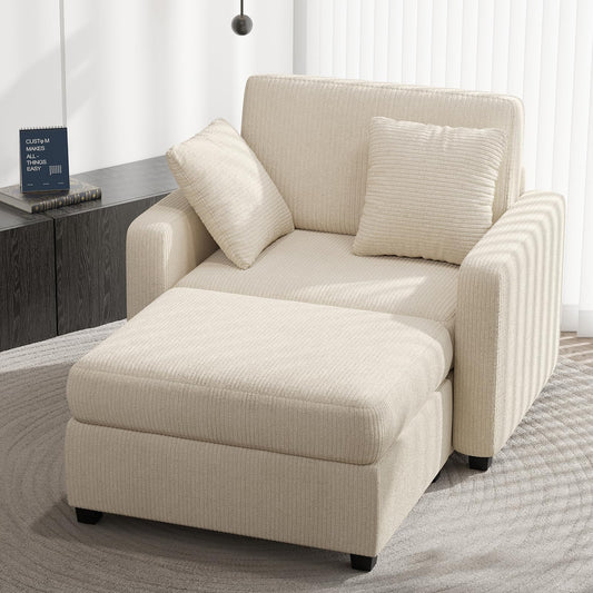 Apicizon Chaise Lounge Chair Indoor, 42" Oversized Sofa Bed with Two Throw Pillows and Armrests, Corduroy Chaise Lounge for Bedroom, Single Sleeper Chair with Ottoman for Living Room, Beige