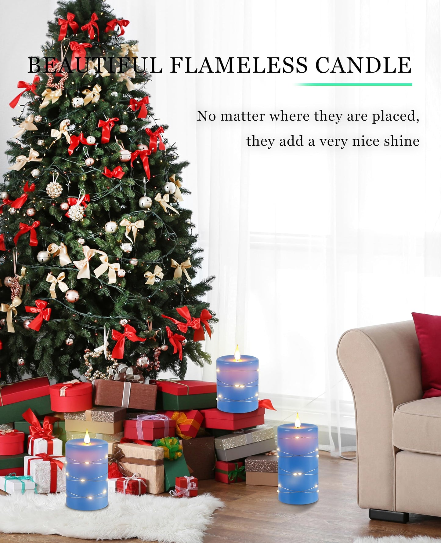 Da by Flameless Candles with String Lights，Battery Operated Candles,LED Flickering Candles with Remote Control and Timer, Real Wax, 3 Pack-Blue