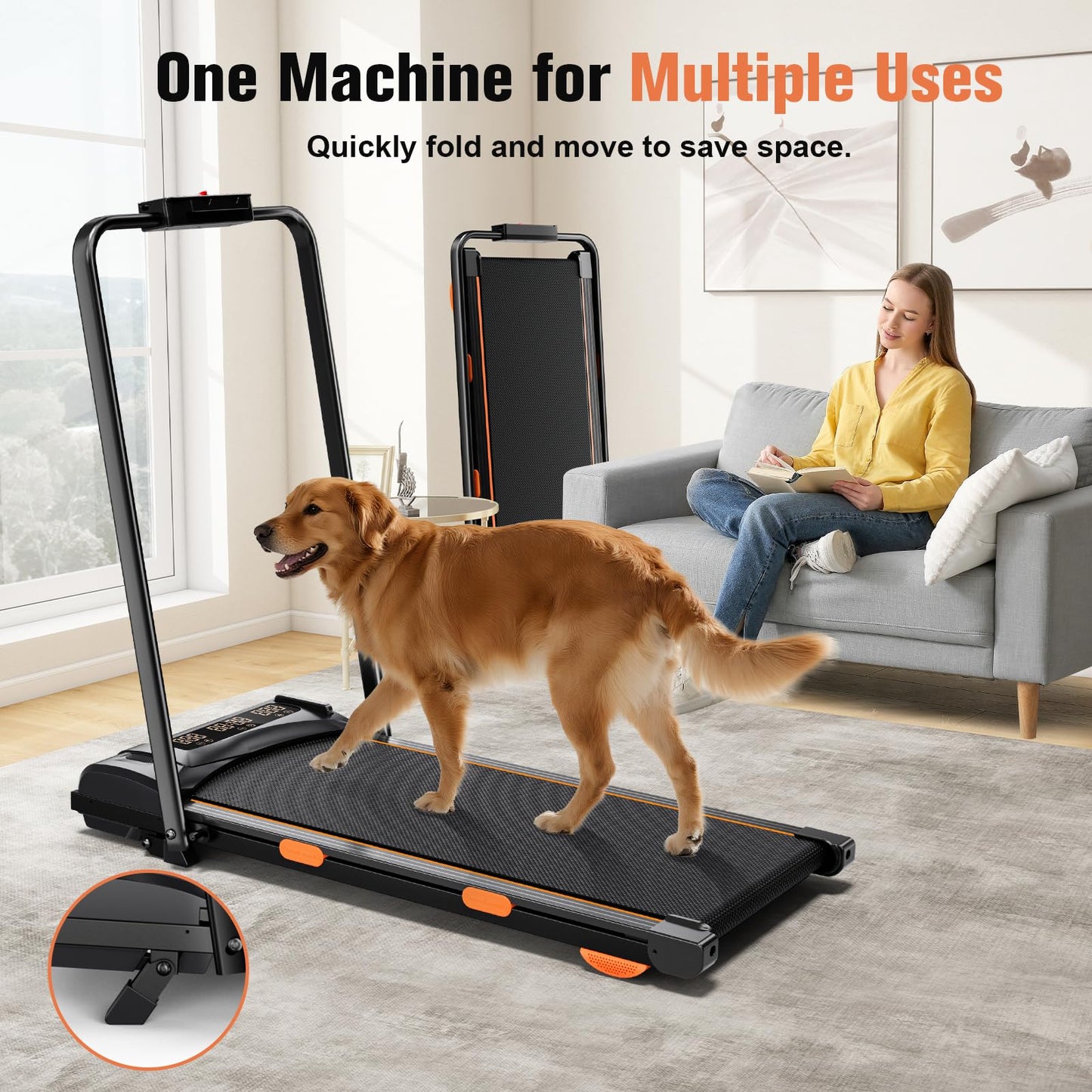 HONRISE Smart Walking Pad Treadmills for Home, Quiet Treadmill with Incline, Under Desk Foldable Treadmill, 320lbs Weight Capacity, Walking or Running for Home Office (Black/Orange)