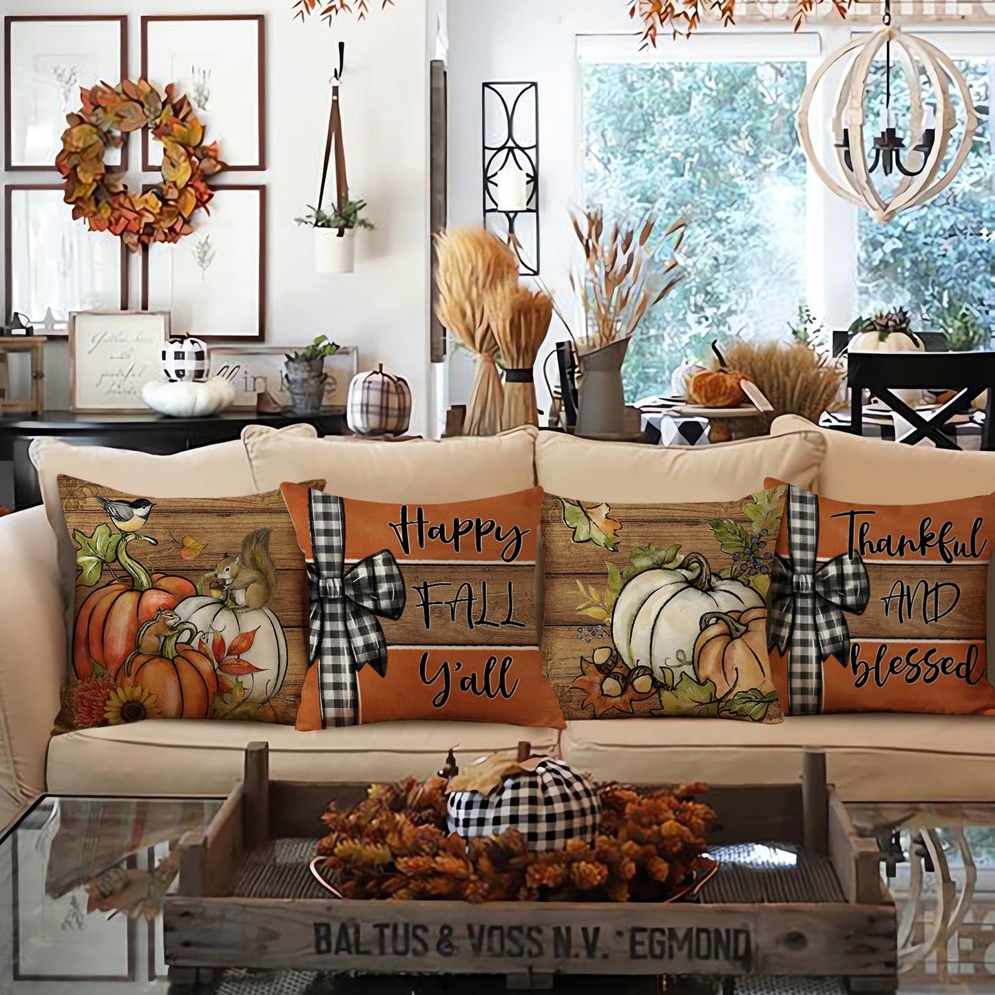 NIGHTWISH Fall Pillow Covers 18x18 Set of 4 Thanksgiving Decorations Squirrel Chestnut Pumpkin Outdoor Fall Decor Throw Pillow Covers Wood Striped Farmhouse Harvest Autumn Cushion Case for Sofa Couch