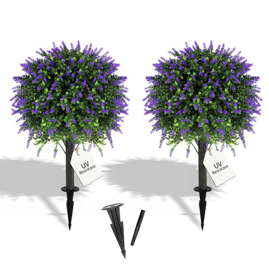 27.2" Artificial Lavender Topiary Set of 2 with Spike, Fake Plants Boxwood Balls Greenery Shrubs , Uv Resistant Artificial Push in Flowers Bushes for Outdoor Front Porch Decor, Home Faux Plants Indoor
