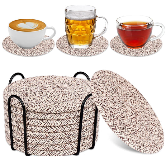 Mckanti 8 Pcs Drink Coasters with Holder, Absorbent Coasters for Drinks, Minimalist Cotton Woven Coaster Set for Home Decor Tabletop Protection Suitable for Kinds of Cups, 4.3 Inches.