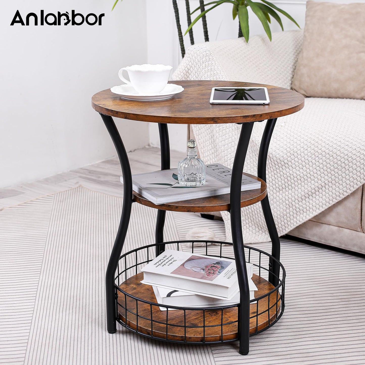 Anlanbor Side Table, 3 Tier Small Round End Table with Storage Shelves for Living Room, Bedroom, Accent Coffee Sofa Couch Table for Small Spaces,Round Nightstand with Metal Frame, Rustic Brown