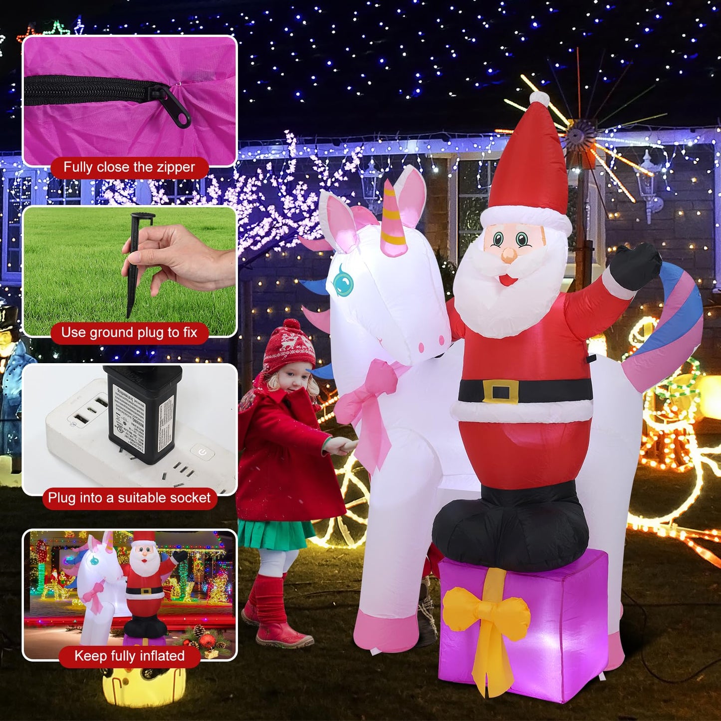 InfleasJoiy 6FT Old Man Unicorn Christmas Inflatable Decoration with LED Lights for Holiday Celebration Decorations on Yard, Lawn and Patio