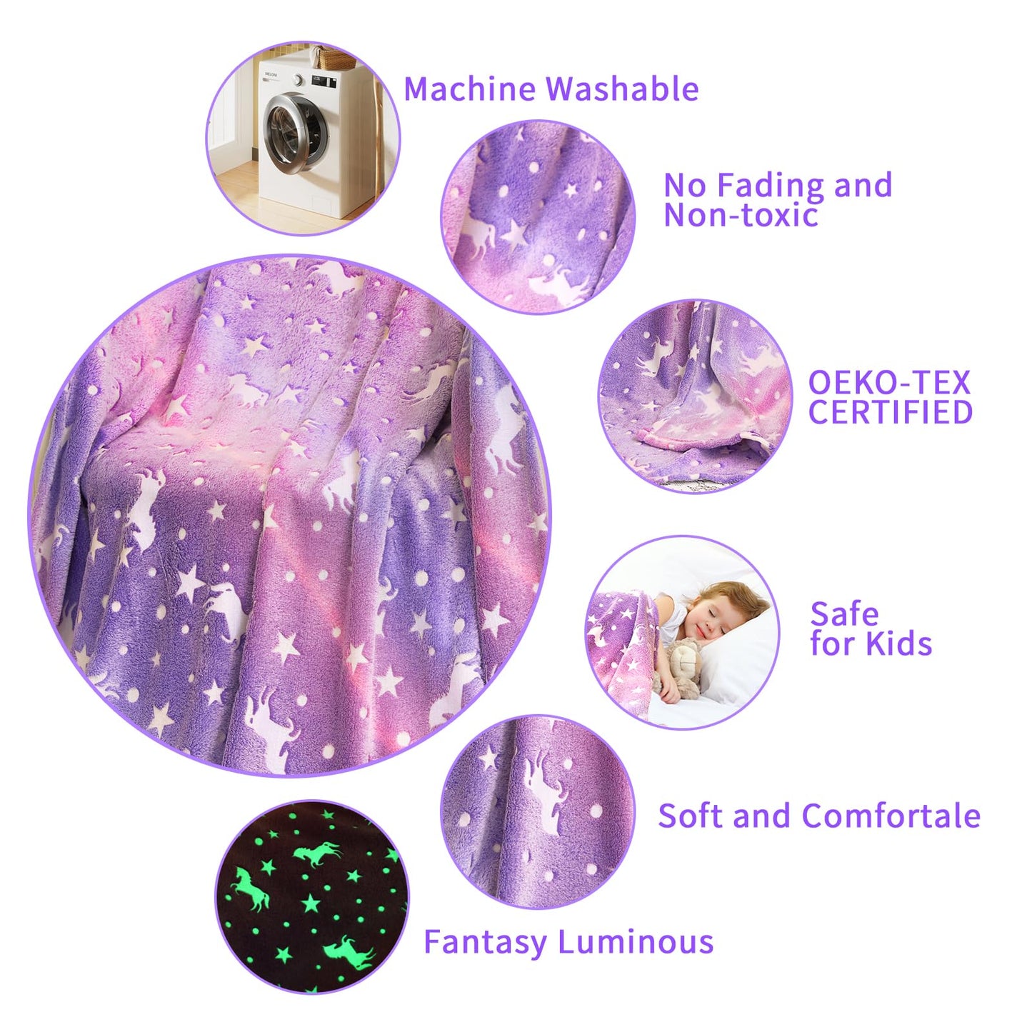Unicorn Blanket for Girls, Glow in The Dark Blankets for Kids, 50" x 60" Rainbow Throw Blanket Soft Fleece Luminous Toddler Blanket Birthday Gifts for Age 2 3 4 5 6 7 8 9 10 11 12 Year Old, Purple