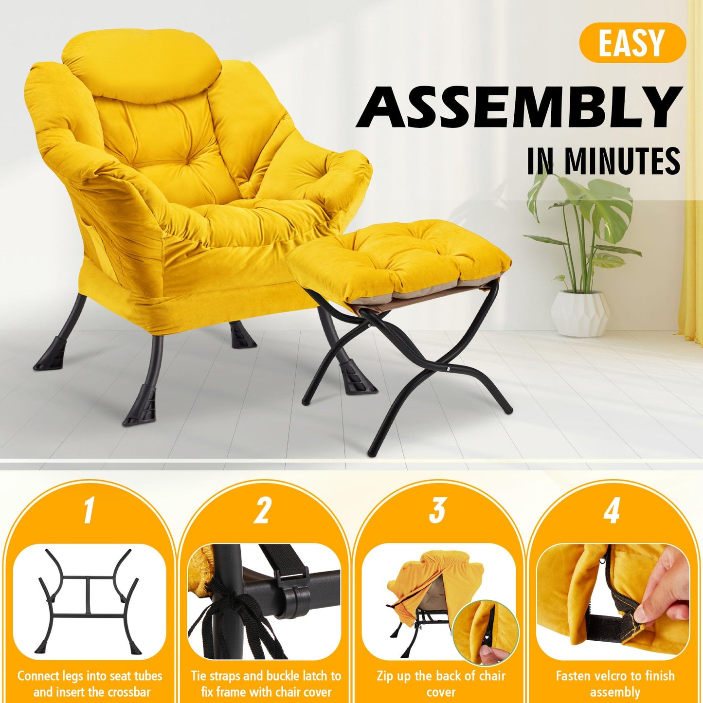 Avocahom Accent Lazy Chair with Ottoman,Leisure Sofa Armchair with Footrest,Oversized Reading Chair for Bedroom,Dorm Room,Living Room,Courtyard,Office,Yellow