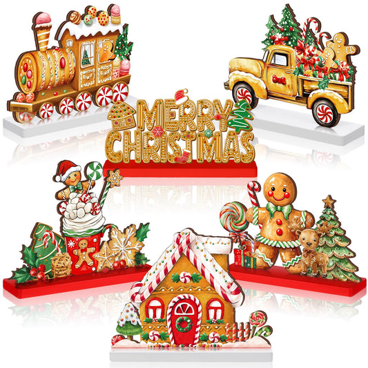 Wonderjune 6 Pcs Christmas Gingerbread Man Table Decoration Signs Wooden Christmas Tabletop Centerpieces Tiered Tray Decor Gingerbread House Truck Train Xmas Decorations for Holiday Party Supplies