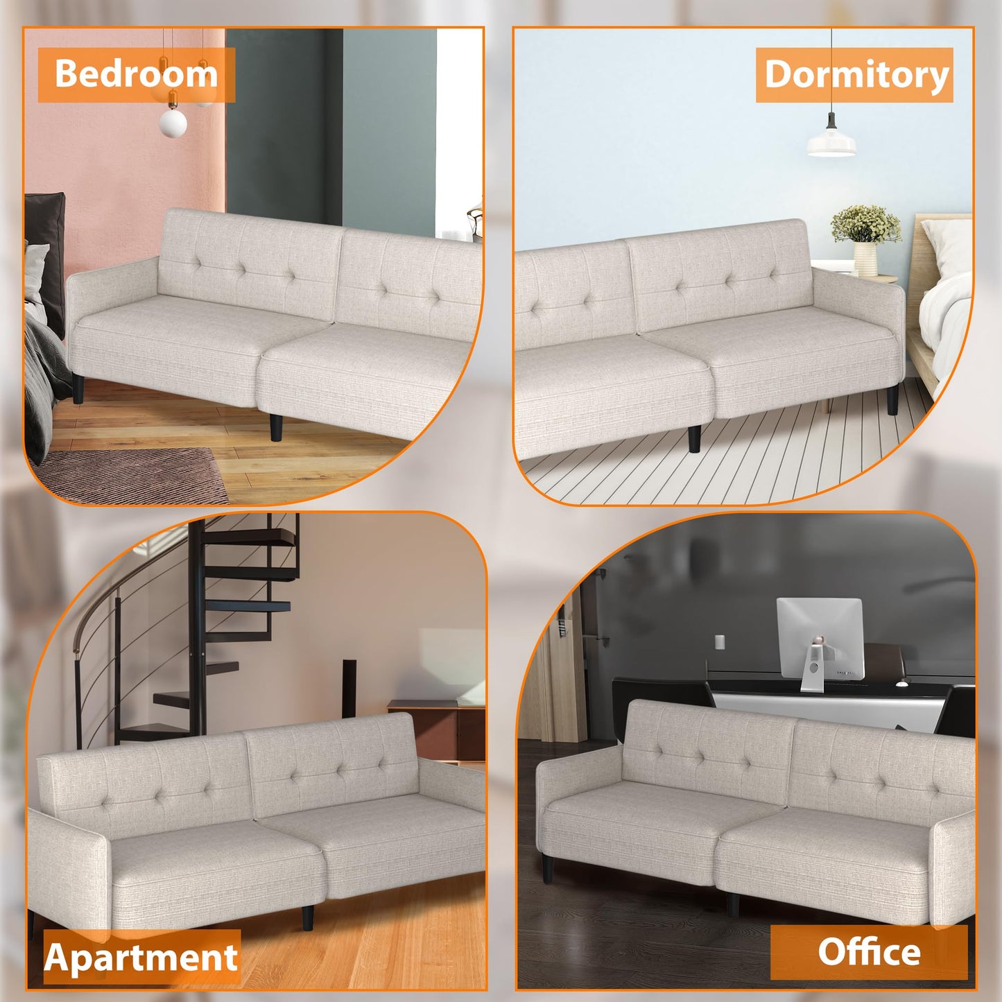 EROMMY 87.8" Futon Sofa Bed, Convertible Futon Couch with Adjustable Backrest & Armrest, Couch Bed with Solid Wood Frame for Small Spaces, Sofa Bed for Small Living Room