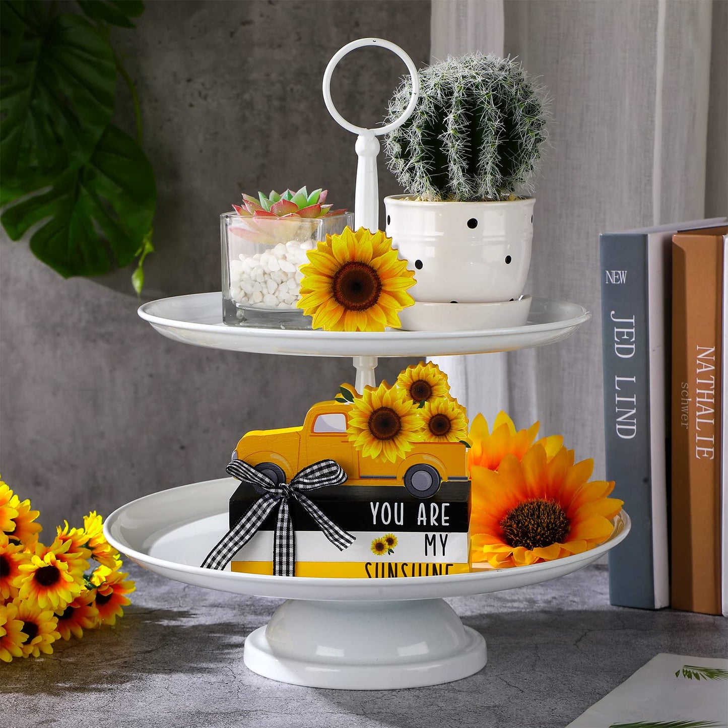 Yookeer 5 Pieces Farmhouse Tiered Tray Decor Items Rustic Wooden Mini Truck Bundle Books Stack Sign for Summer Spring Home Harvest Table Shelf Decorations(Sunflower Style)
