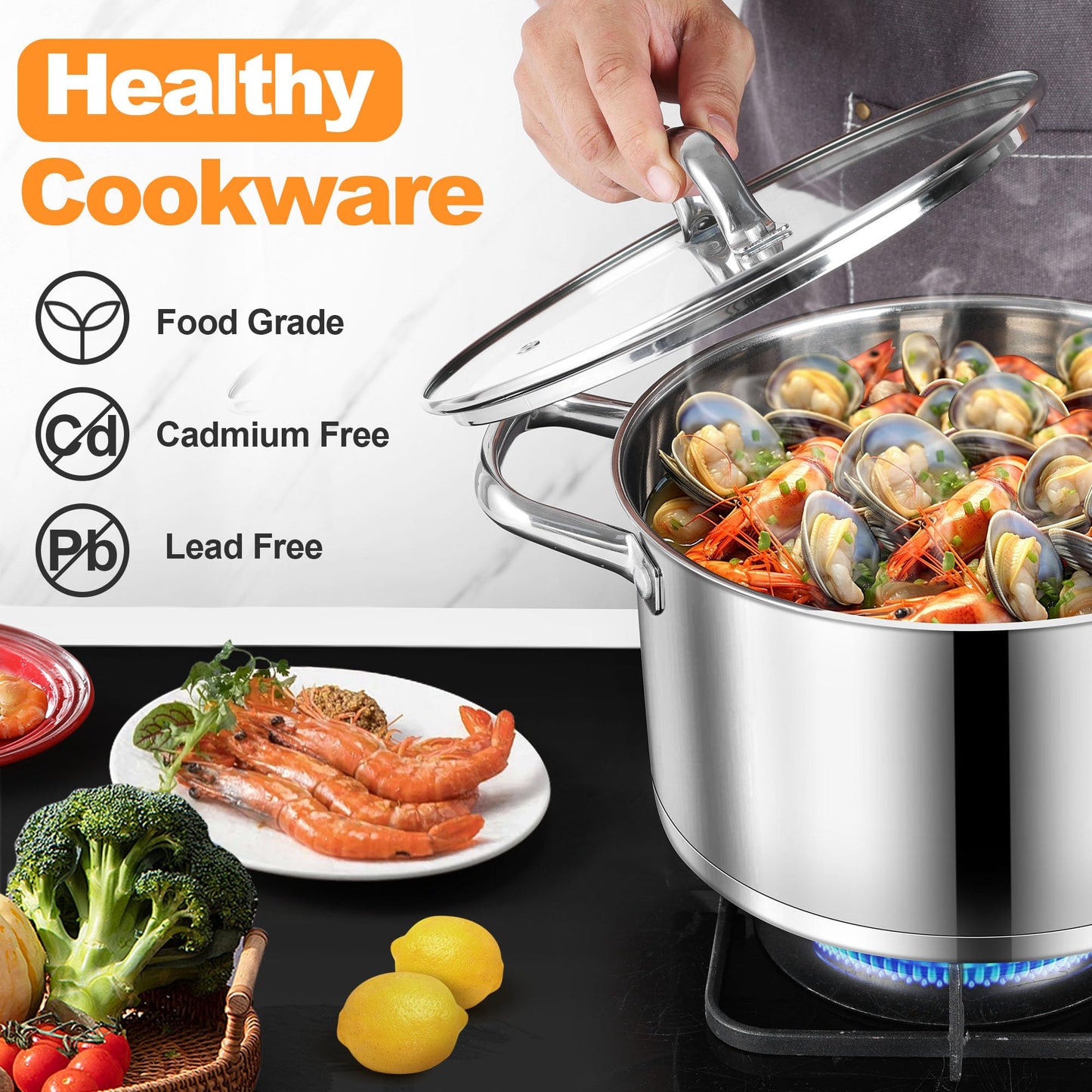 LIANYU 15Pcs Stainless Steel Cookware Set, Pots and Pans Kitchen Cooking Set with Utensils, Included Frying Saute Pans, Saucepans and Stock Pot, Works with All Stoves, Dishwasher & Oven Safe