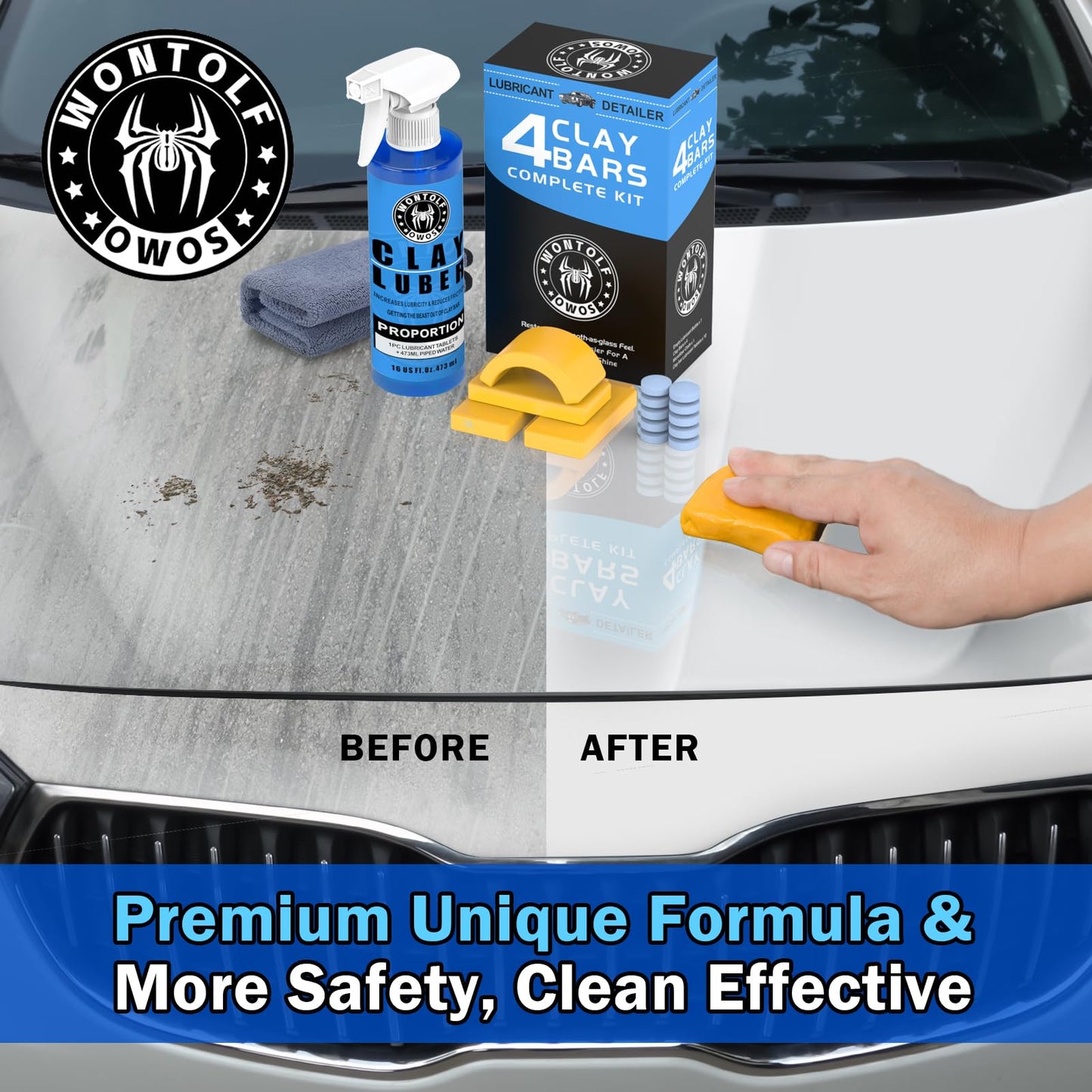 Wontolf Car Clay Bars Auto Detailing and Clay Luber Synthetic Lubricant Kit, 4 Clay Bars, Clay bar Lubricant Tablets 10 Pack(1pc=16 fl oz), Spray Bottle and Microfiber Towel for Car Detailing Cleaning