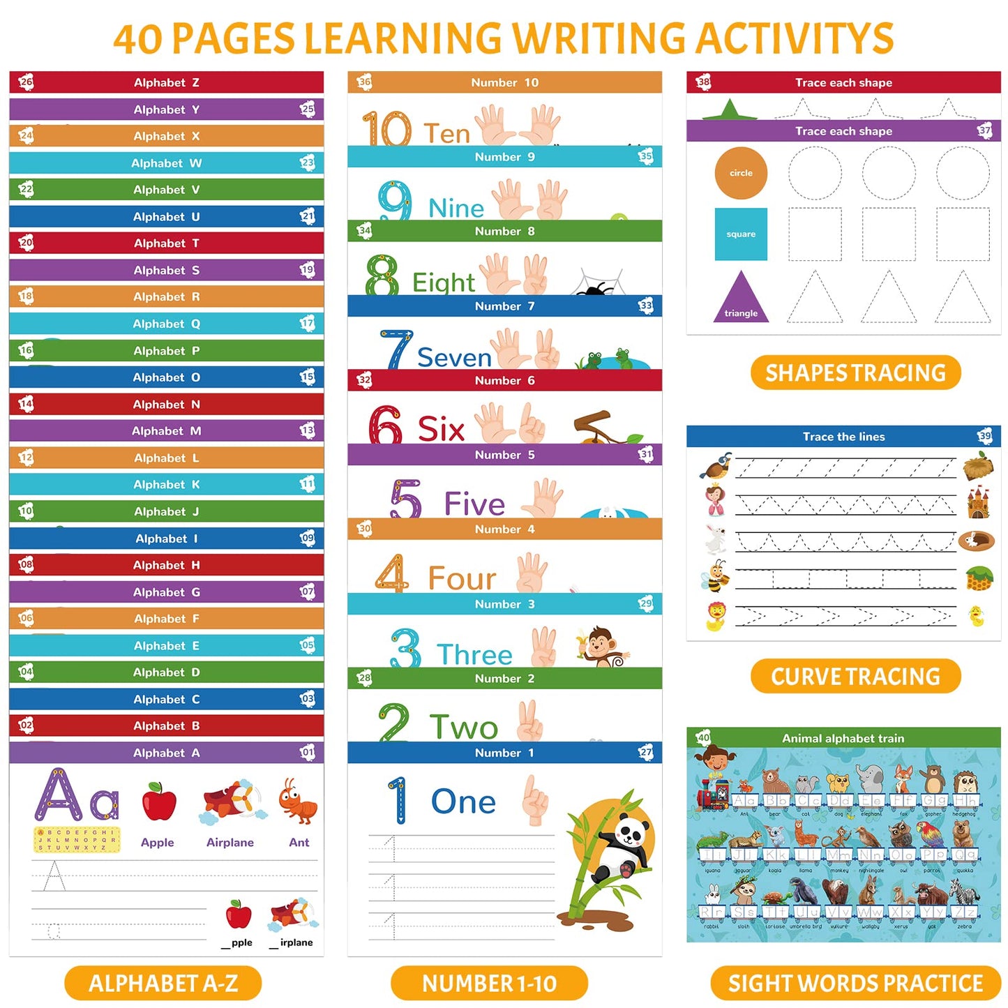 Handwriting Practice Book for Kids, Toddler Preschool Learning Activity for 3 4 5 Year Old, Kindergarten Educational Toys, Montessori Toys Learn Number Letters/ Shapes/ Animal/ Sight Words Workbook