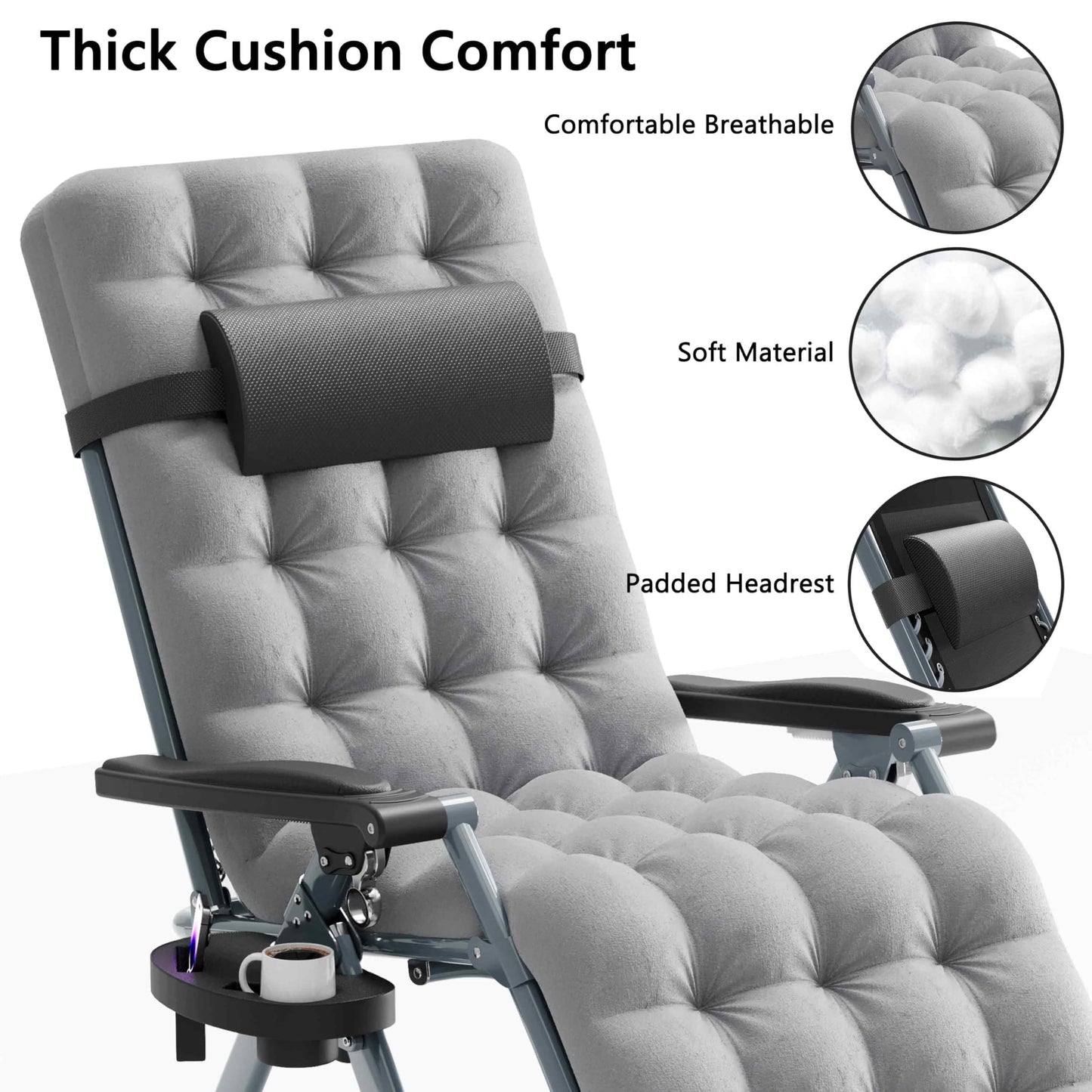 Seeutek Outdoor Zero Gravity Chair - Adjustable Steel Mesh Folding Recliner with Removable Extra Thick Cushion and Upgraded Lock and Cup Holder for Patio, Camping, Indoor, Outdoor - Grey