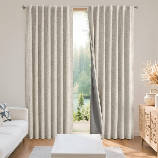 Joydeco Blackout Curtains for Bedroom - Natural Linen Curtains 52 X 84 inch, Thermal Insulated 100% Blackout 2 Panels Light Blocking Drapes, Rod Pocket & Back Tabs, Darkening Privacy for Living Room