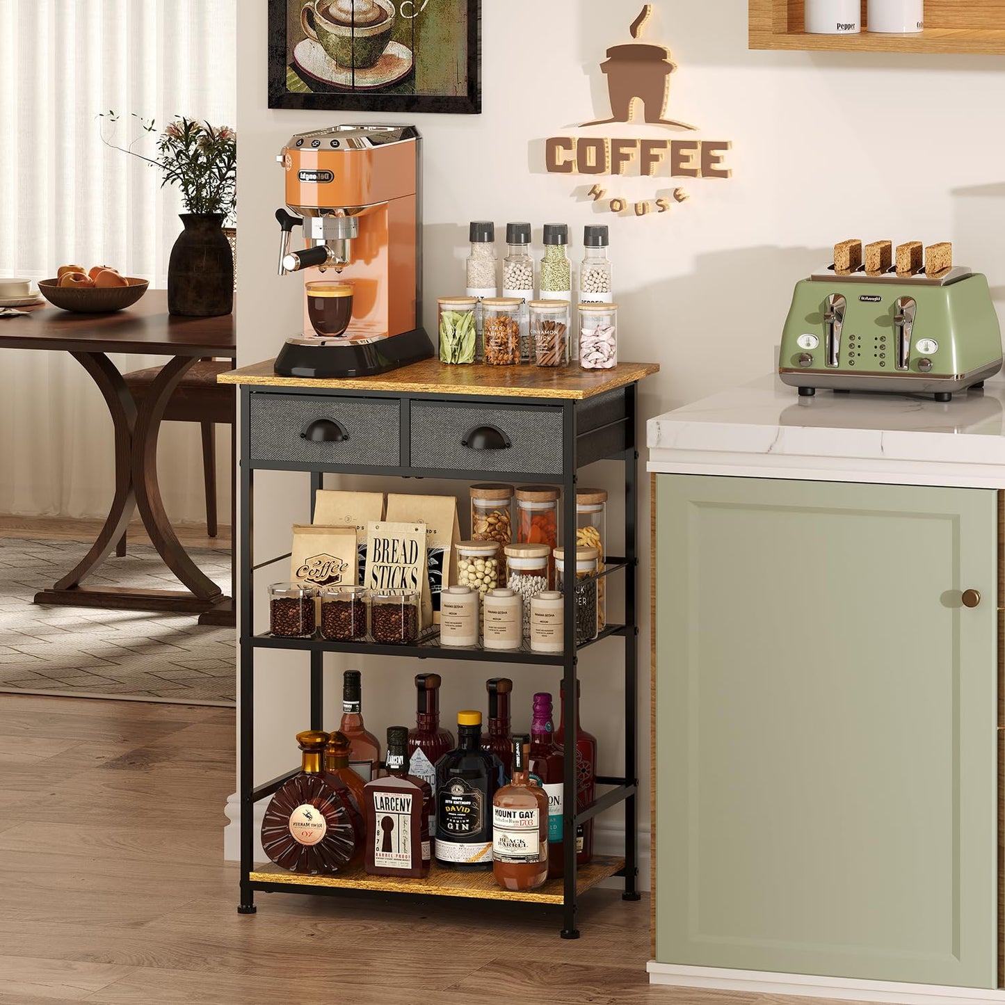 X-cosrack Coffee Bar Stand Station with 2 Storage Drawers, 3-Tier Farmhouse Corner Coffee Table & Cabinet,Large Capacity Coffe Bar Organizer for Living Room, Entryway,Kitchen - Patent