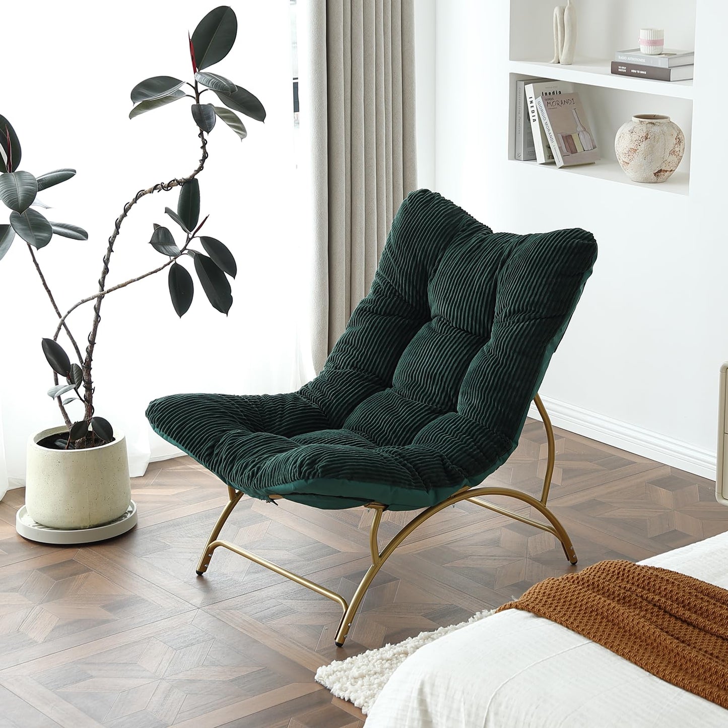 Welnow Accent Lounge Lazy Chair, Comfy Soft Leisure Metal Frame Reading Chair, Upholstered Thick Cushion Seated Recliner Sofa for Living Room, Bedroom, Dorm, Dark Green