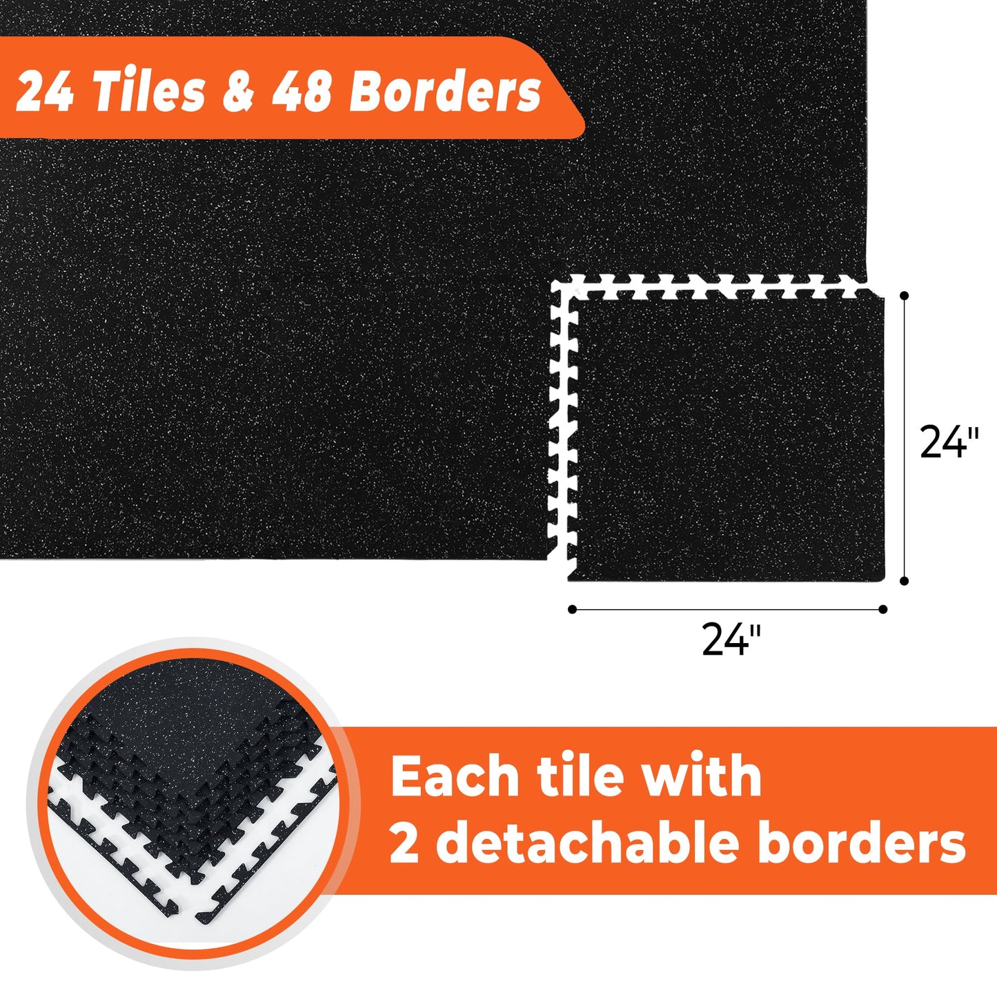 SUPERJARE 0.4 Inch Gym Flooring for Home Gym, 24 Tiles Gym Floor Mat with Heavy Duty Rubber Top, Interlocking Rubber Flooring Mats, 24"" x 24"" Workout Exercise Equipment Mats (96 sqft), Black/Grey