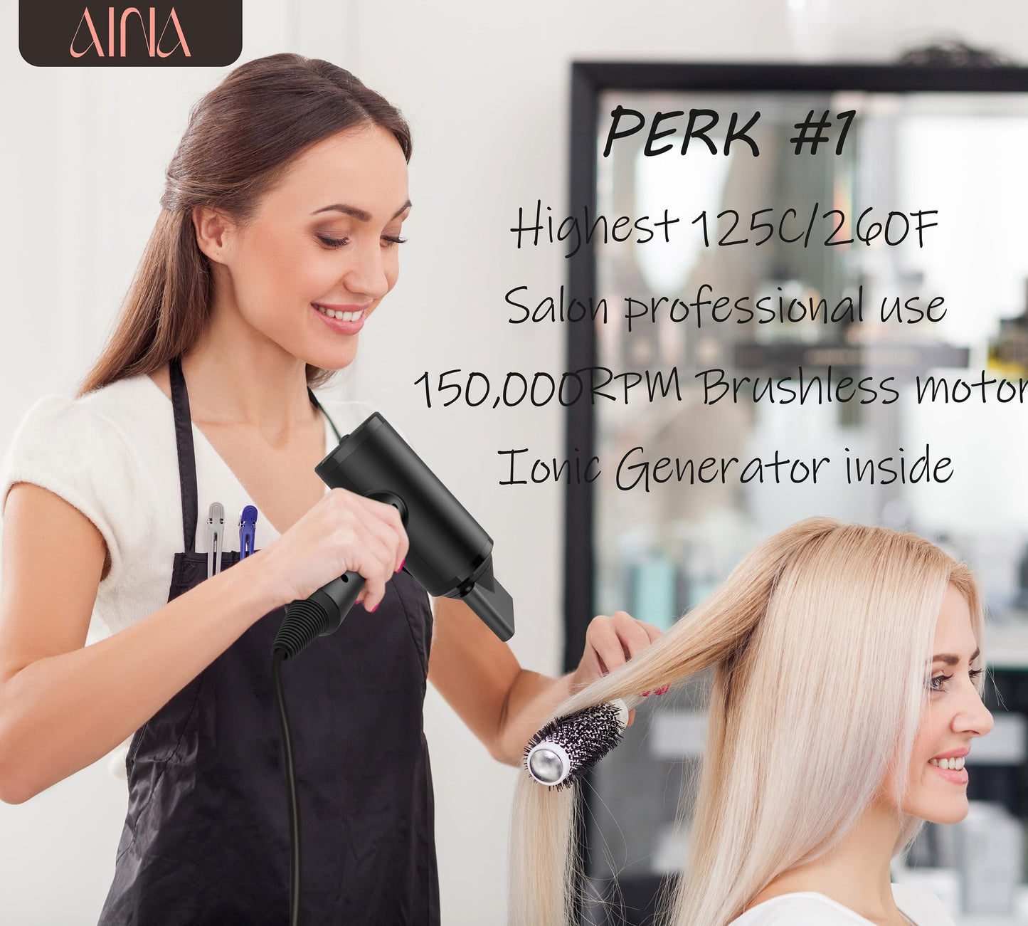 AINA Professional Salon Hair Dryer,2000W Blow Dryer with Diffuser Brush Comb for Women-BLDC Hair Dryer-Brushless Motor 150,000 RPM,Ionic,LED Display,4 Magnetic Attachments 110V/ALCI (Vader Black)